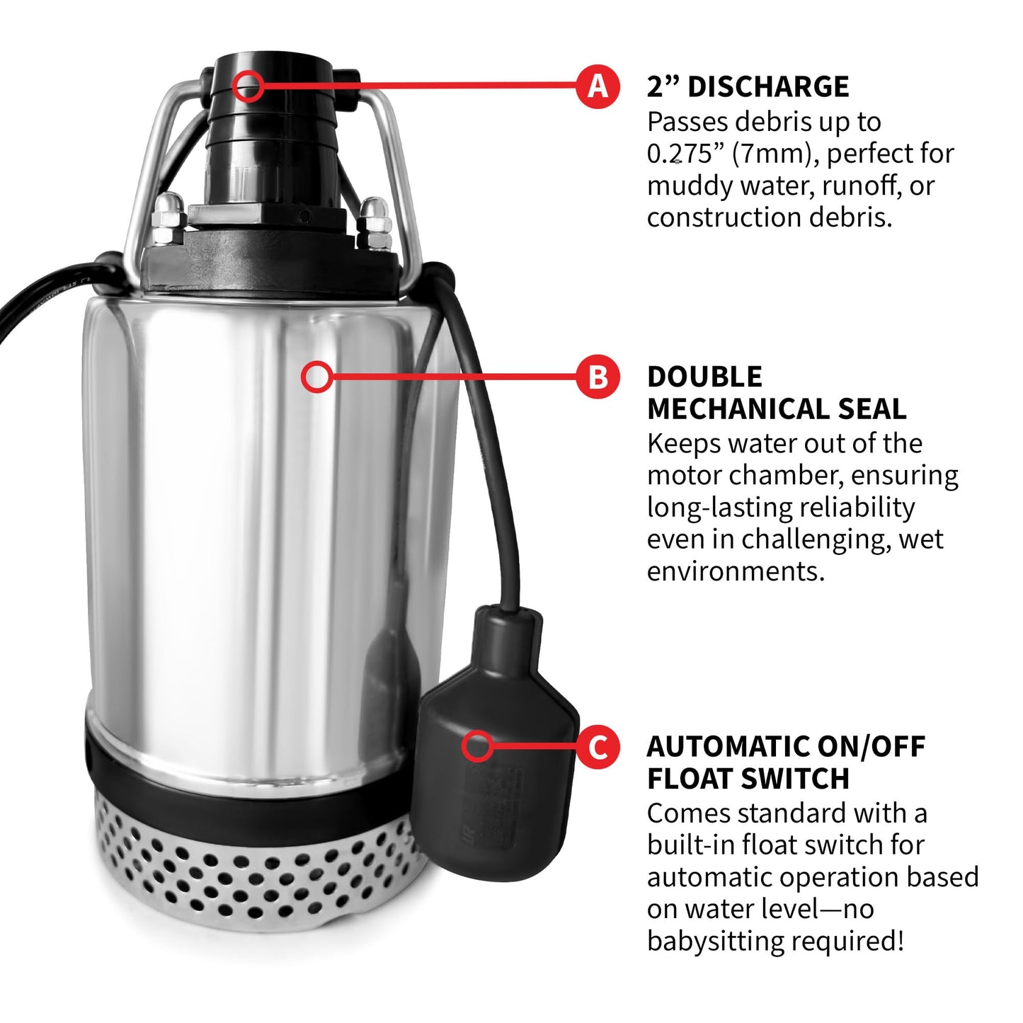Tomahawk 1 HP Submersible Trash Pump 73 GPM / 4380 GPH 750W with Automatic Float Switch Top-Outlet Stainless Steel Dirty Water High Flow Dewatering Flooded Basement Pits Pools Construction Sites