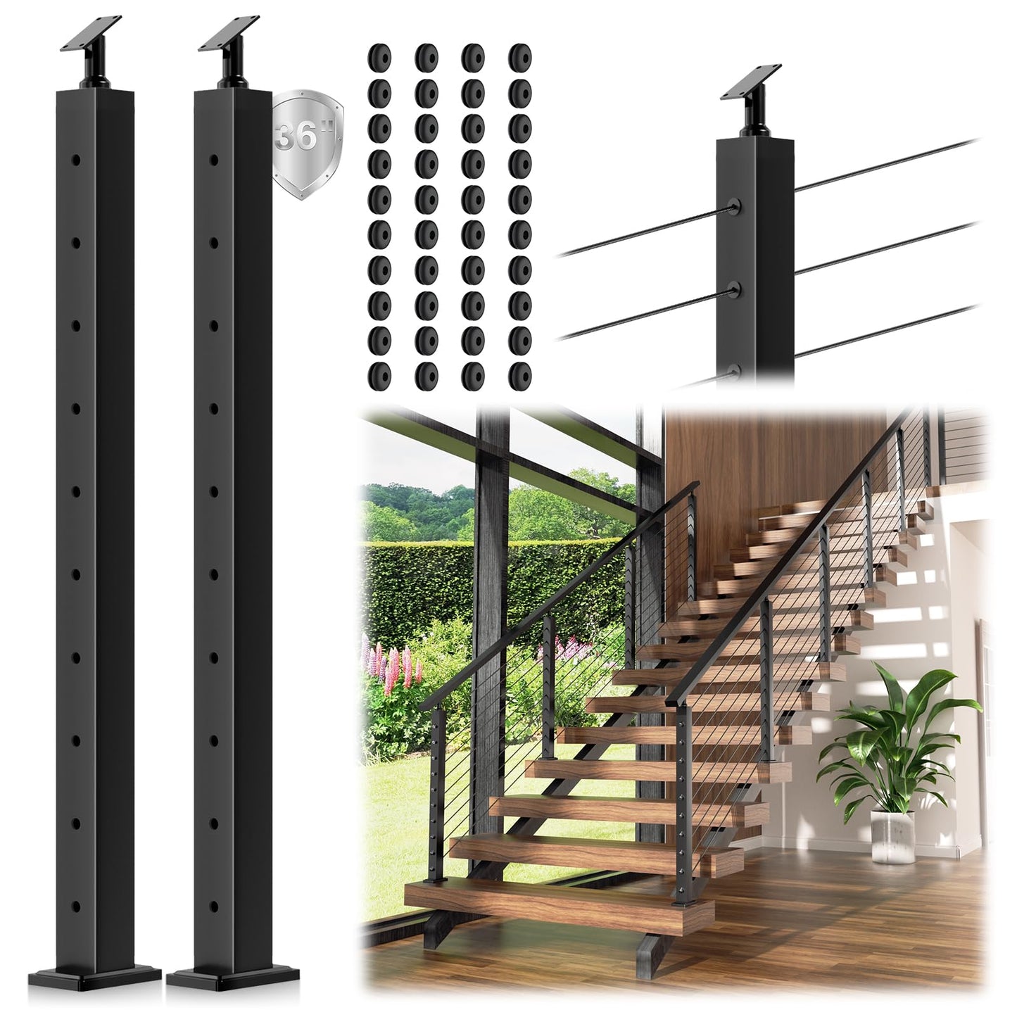 Gyykzz 2 Pack 36" Stair Cable Railing Post for 28-38 Degrees Stairway, Matte Black Surface Mount Deck Staircase Post System, Heavy-Duty Stainless Steel T304 Wire Railing Post for Stairs Indoor Outdoor