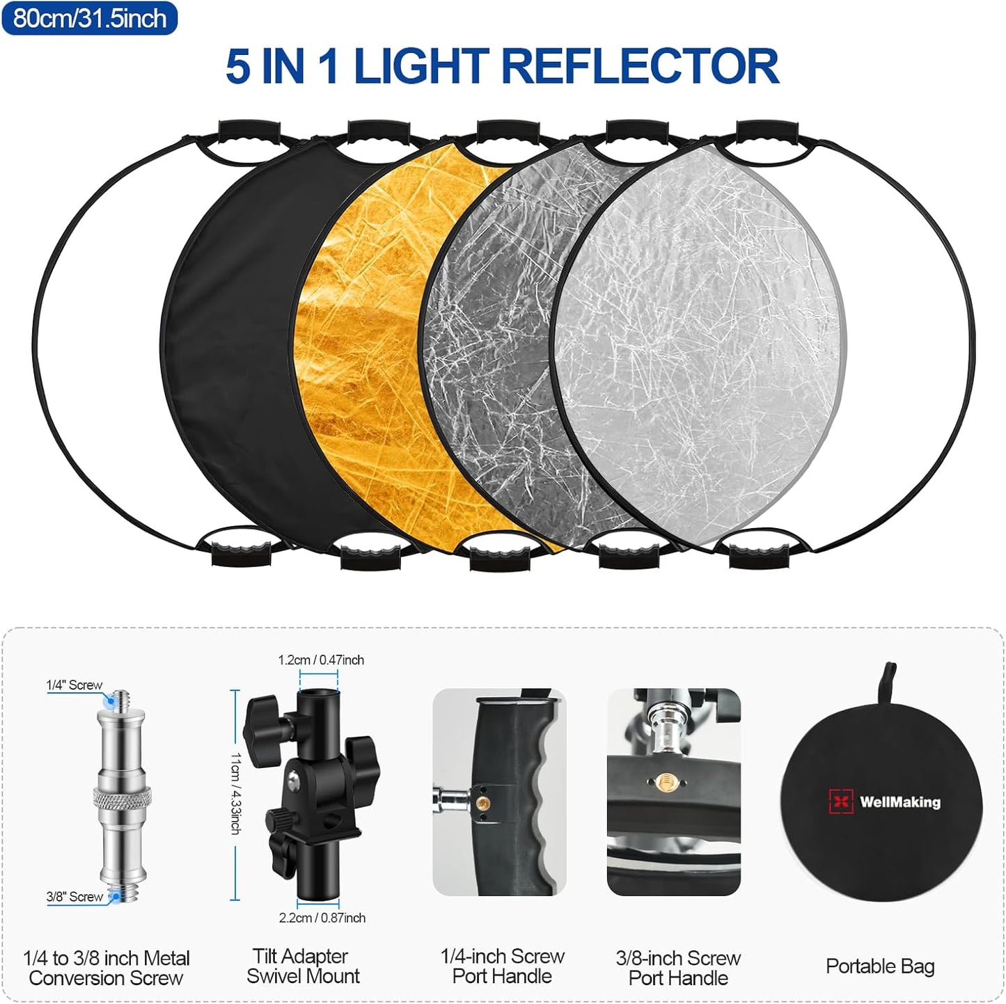 WELLMAKING 32 Inch (80cm) 5 1 Reflector Photography, Collapsible Light Reflector with Bag & tilt Adapter, in Handle