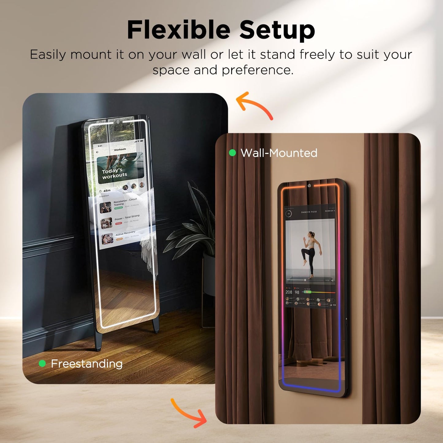 Smart Gym Mirror for Home Workouts, 32" HD Touchscreen with Android OS, 63" Full-Length Mirror, No Subscription Required, Fitness App Support, Voice Control & Music Sync LED Light Strip