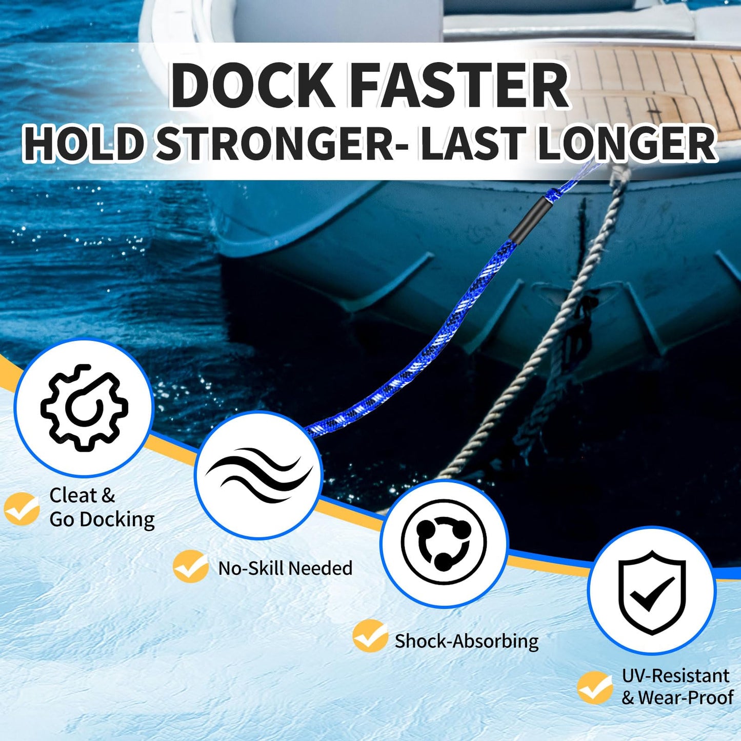 ZRSCHYG Bungee Dock Lines for Boats 2FT, Boat Tie Downs for Dock with Hooks, Elastic Dock Ties for Small Boat Jet Ski Kayak Mooring (2 Foot, 2-Pack, Blue,Black&White)