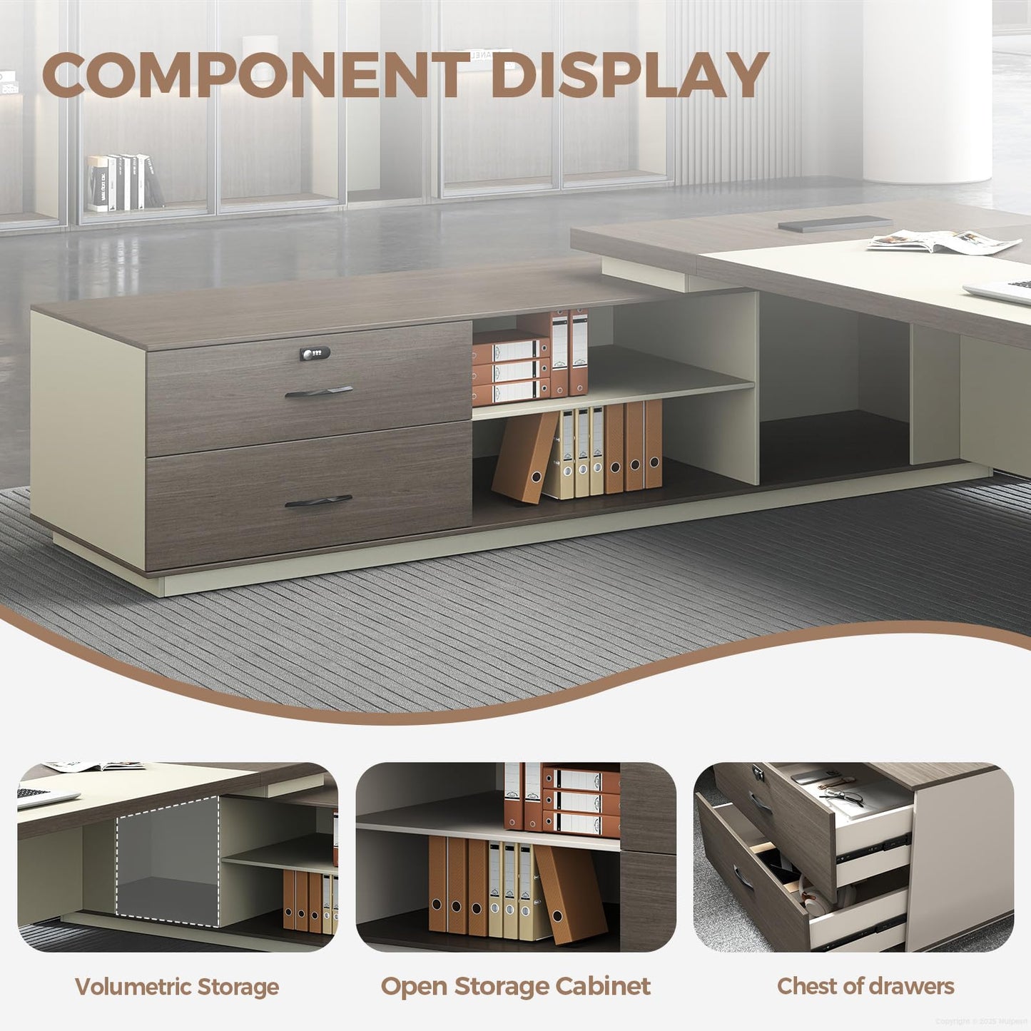 ZIMASYA 79 Inch L Shaped Executive Office Desk with Storage Cabinet, Left Return Desk with 2 AC Outlets and 2 USB Ports, Lockable Drawer, Cable Management Box, Smoked Gray and Off White