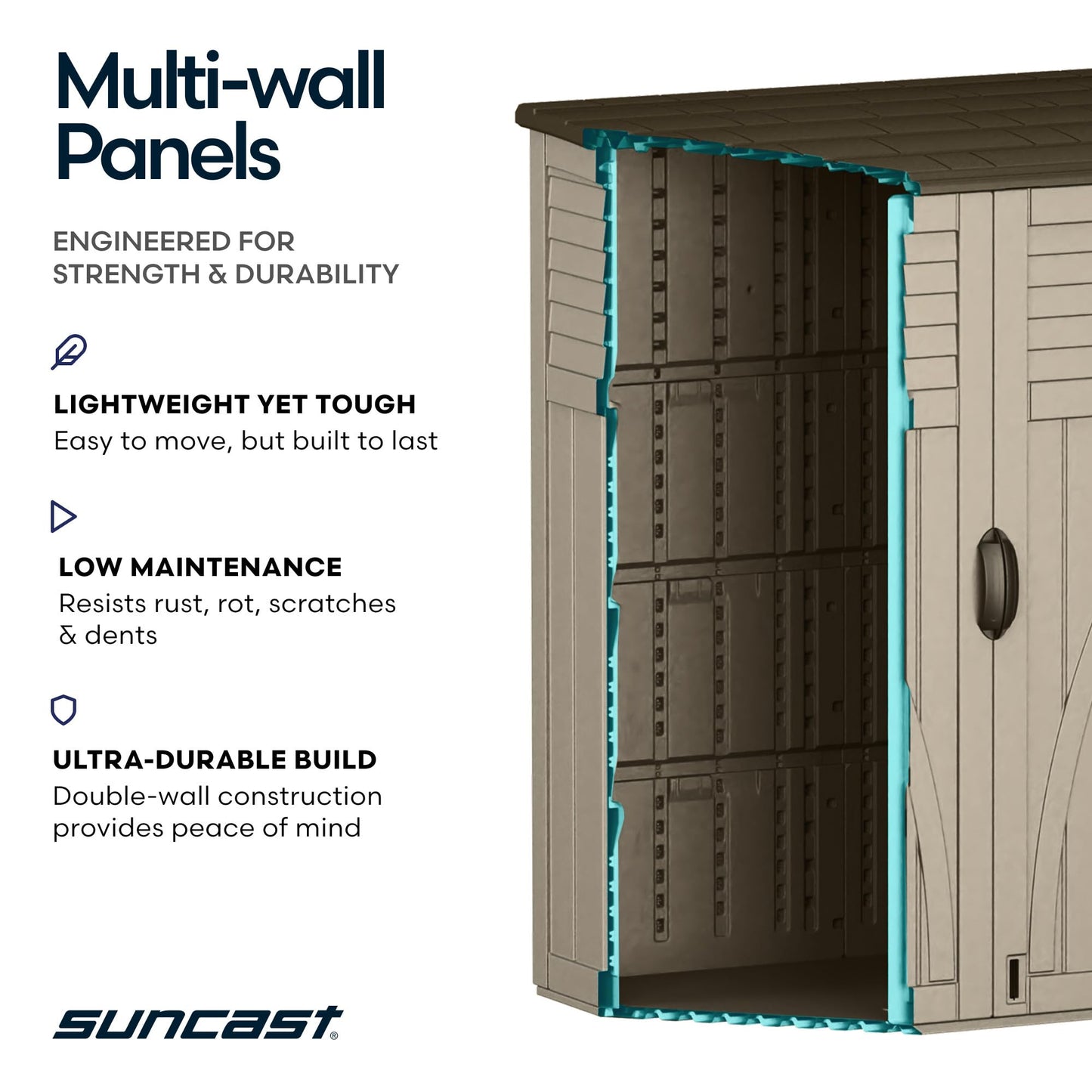 Suncast Outdoor Storage Shed, Water Resistant Resin Vertical Outdoor Storage Cabinet for Patio, Garden Tools, Cushions, & Equipment, Weatherproof Multi-Wall Design, 54 cu. ft., Made in USA