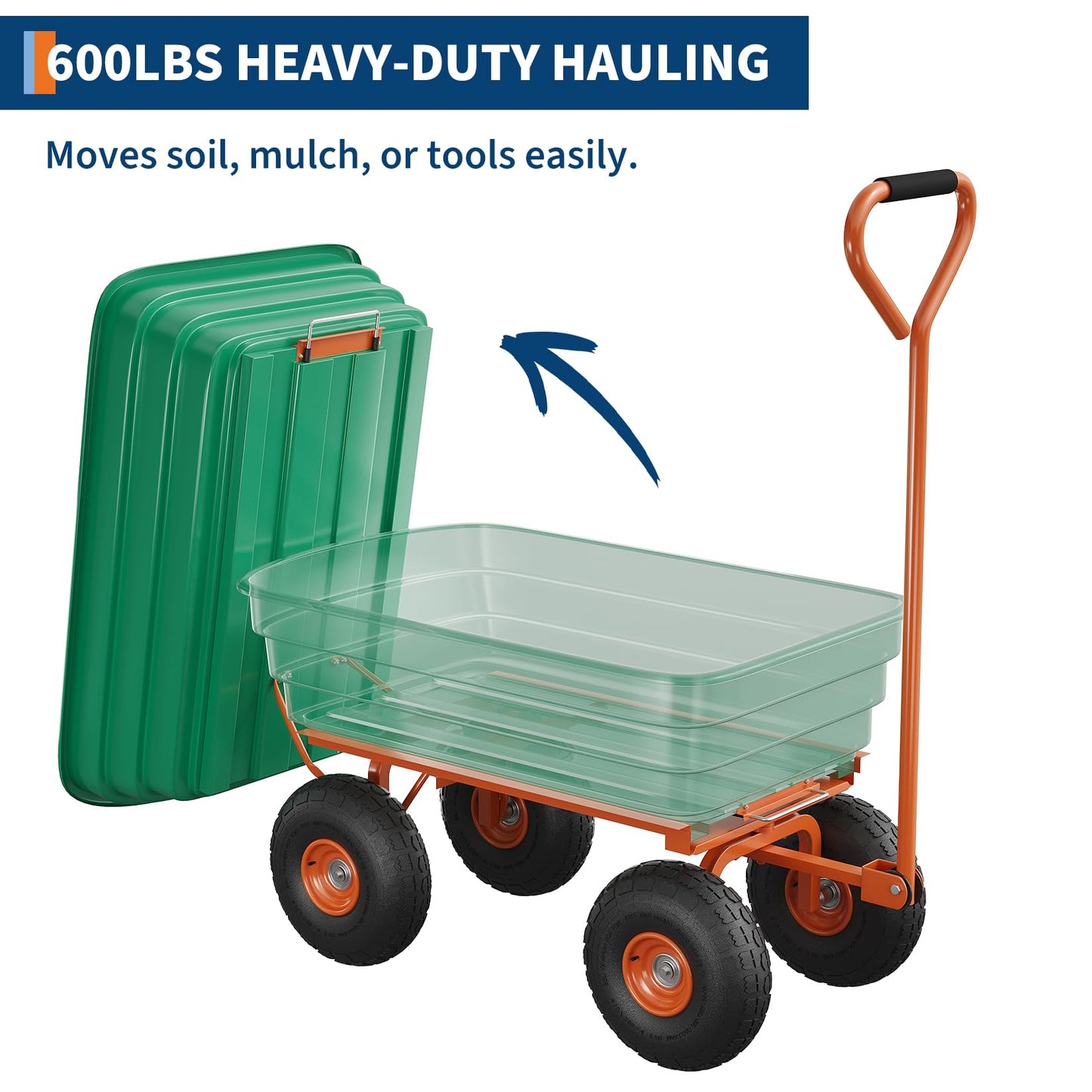 GlowSol Heavy Duty Garden Dump Cart - 1200 lbs Capacity Utility Wagon, 7 Cubic Feet - 180° Adjustable Handle, 13" All-Terrain Tires, Quick Release - Perfect for Yard, Lawn, Landscaping