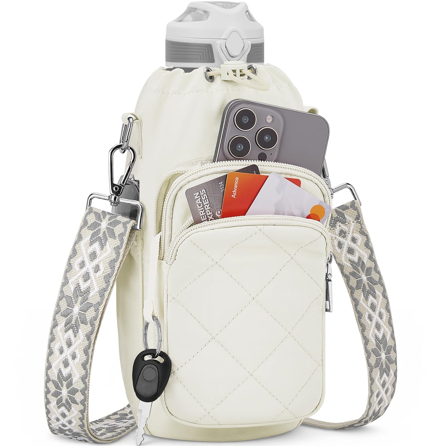 SYTRAH Water Bottle Bag Crossbody，Insulated Water Bottle Purse Crossbody Water Bottle Holder with Strap 40 oz, Sling Bag for Walking Hiking, White