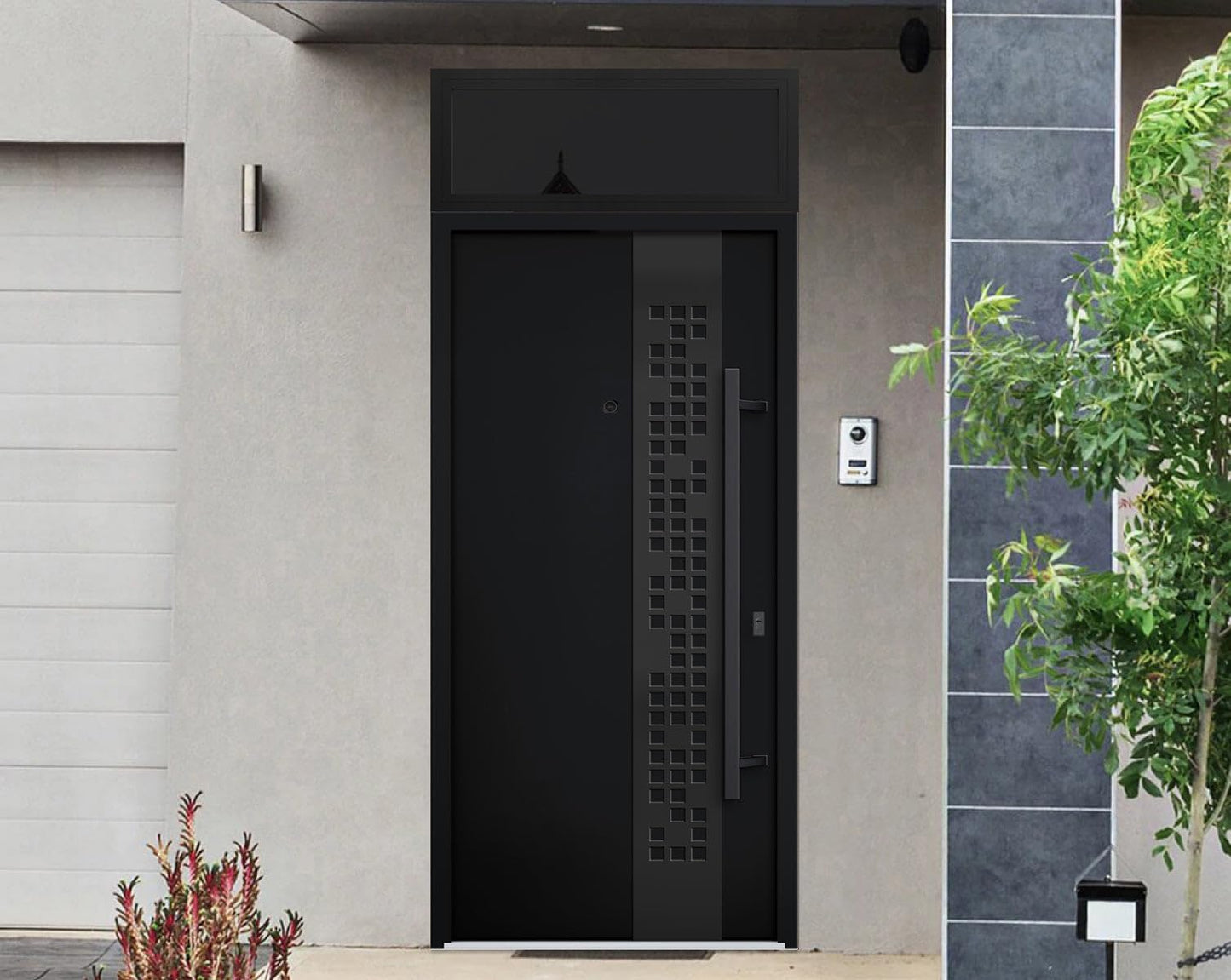 VDOMDOORS Front Exterior Prehung Steel Door/Deux 6078 Black Enamel/Top Exterior Window Sidelite/Entry Metal Modern Painted W36 x H80+16" Left Hand Inswing