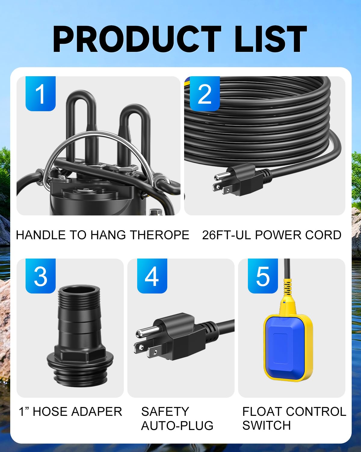 Meniio 1.5HP Submersible Sump & Utility Pump, Stainless Steel Water Pump with Float Switch, High Flow 4370 GPH, 49 ft Max Head, for Basement Drainage, Irrigation, Pool, Garden Pond