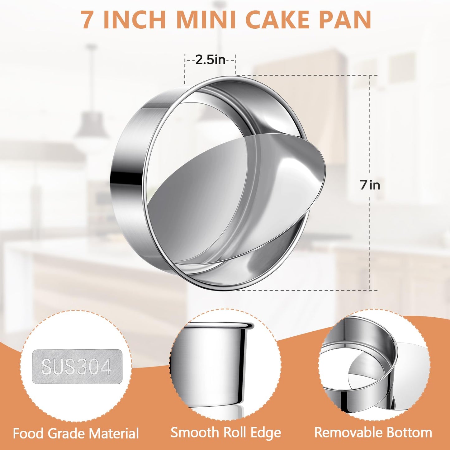 E-Gtong 7 Inch Round Cake Pans, Removable Bottom & Easy Releasing, Leakproof & Nonstick Cake Pan, 304 Stainless Steel Cake Baking Cheesecake Pan, Non-Toxic & Healthy