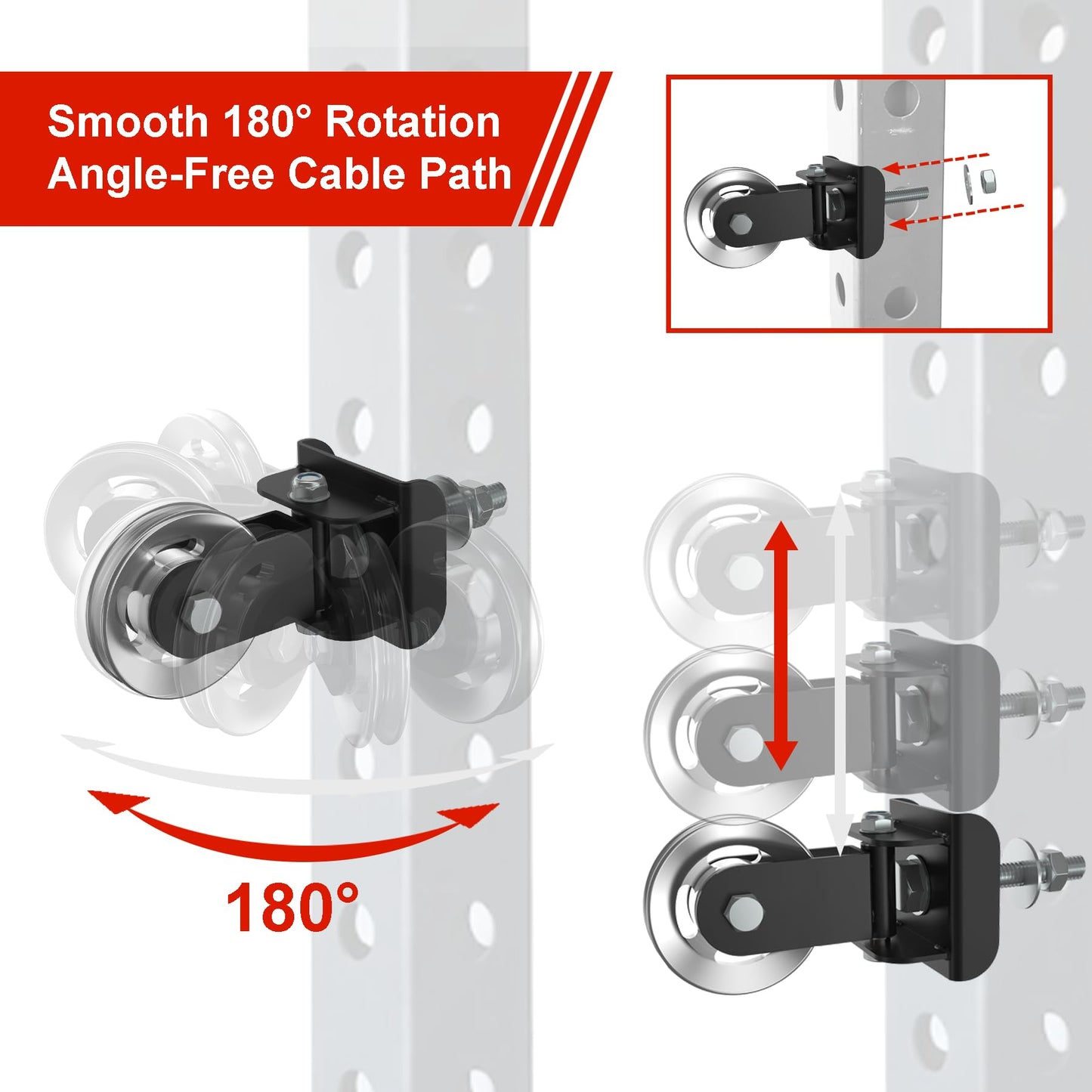 Aluminum Alloy Rotating Pulley Attachment for 3×3 Power Racks, Heavy-Duty Cable Pulley with 180° Pivot, Smooth CNC Machined Wheel, Bolt-On Cable Station Upgrade for Home Gym Training