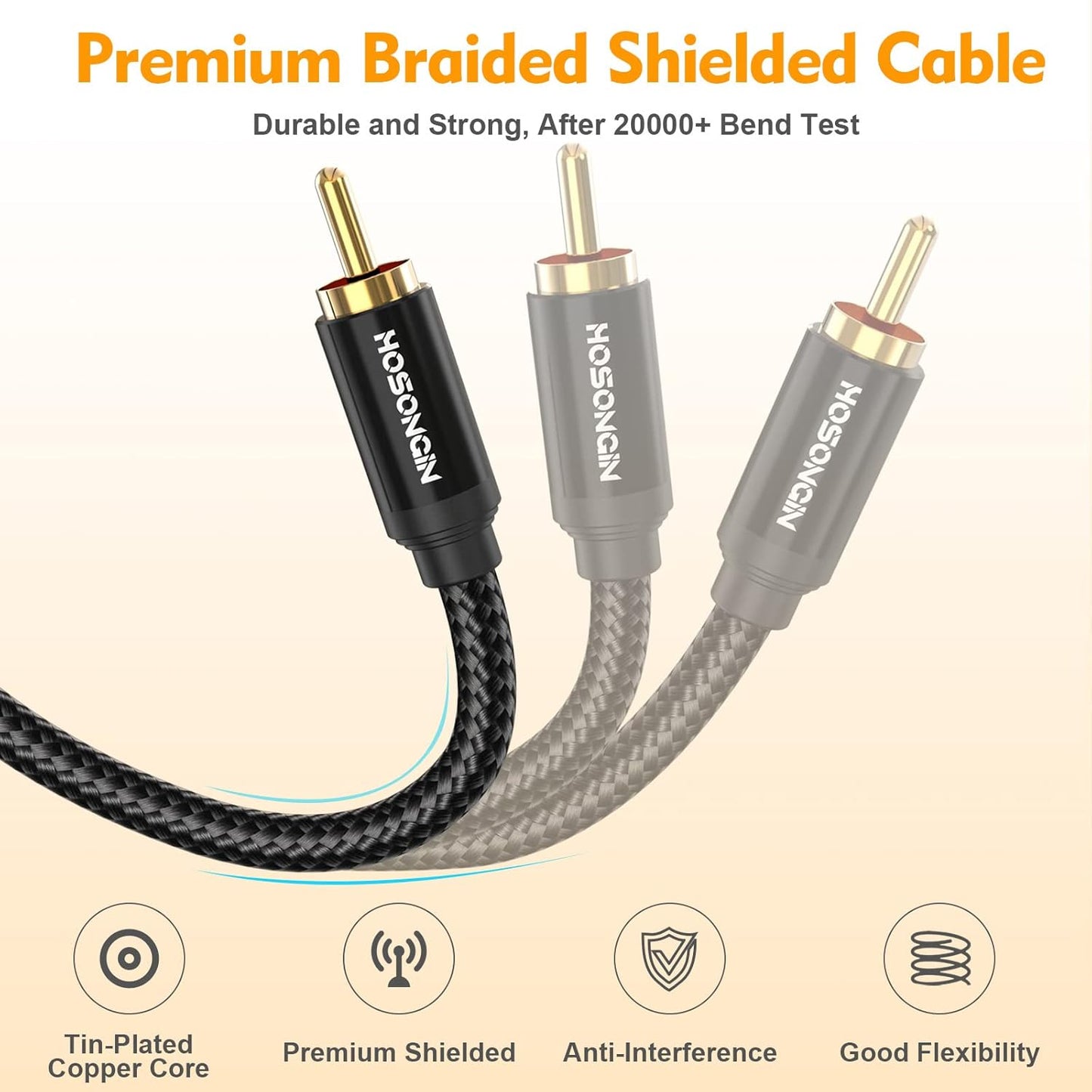 1 2 (2 Pack), 12 Inch, 24K HOSONGIN RCA Y Splitter Cable, Male to Male Audio Cables Gold-Plated, Cotton Braided