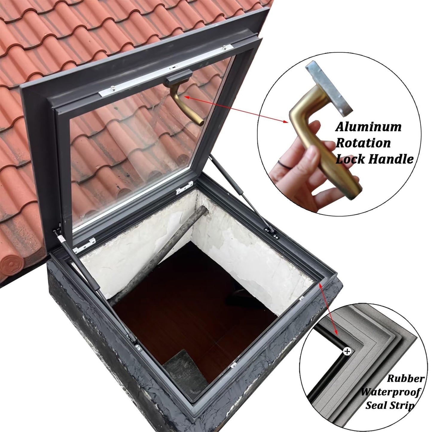 Outdoor Skylight Roof Hatch with Gas Shock Strut, Horizontal Viewing Window for Commercial and Industrial Buildings | Rotation Lock Security Feature