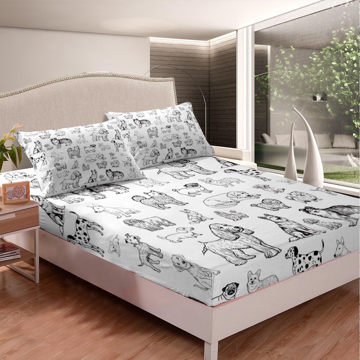 Cartoon Dog Fitted Sheet Queen Size Black White Dog Puppy Sketch Bedding Set 3Pcs for Kids Girls Boys Adult Room Decor Cute Pet Animals Bed Sheet Soft Lightweight Deep Pocket Sheet,2 Pillowcase