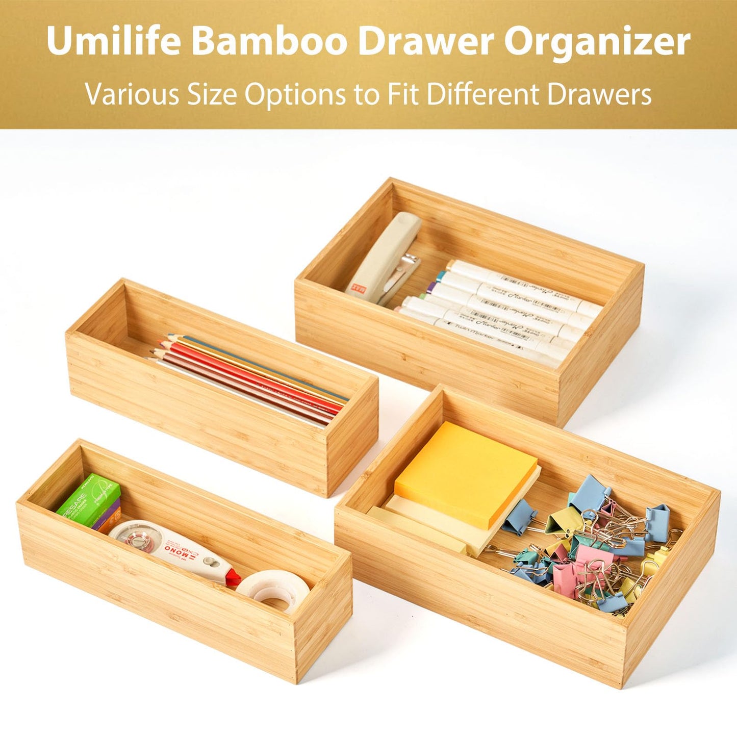 Umilife Bamboo Kitchen Utensils Organizer, Extra High Silverware Drawer Tray, Flatware Cutlery Storage Box, Multi-Use Holder in Office, Bathroom, Pantry - 15"x6"x2.5" (Set of 2)