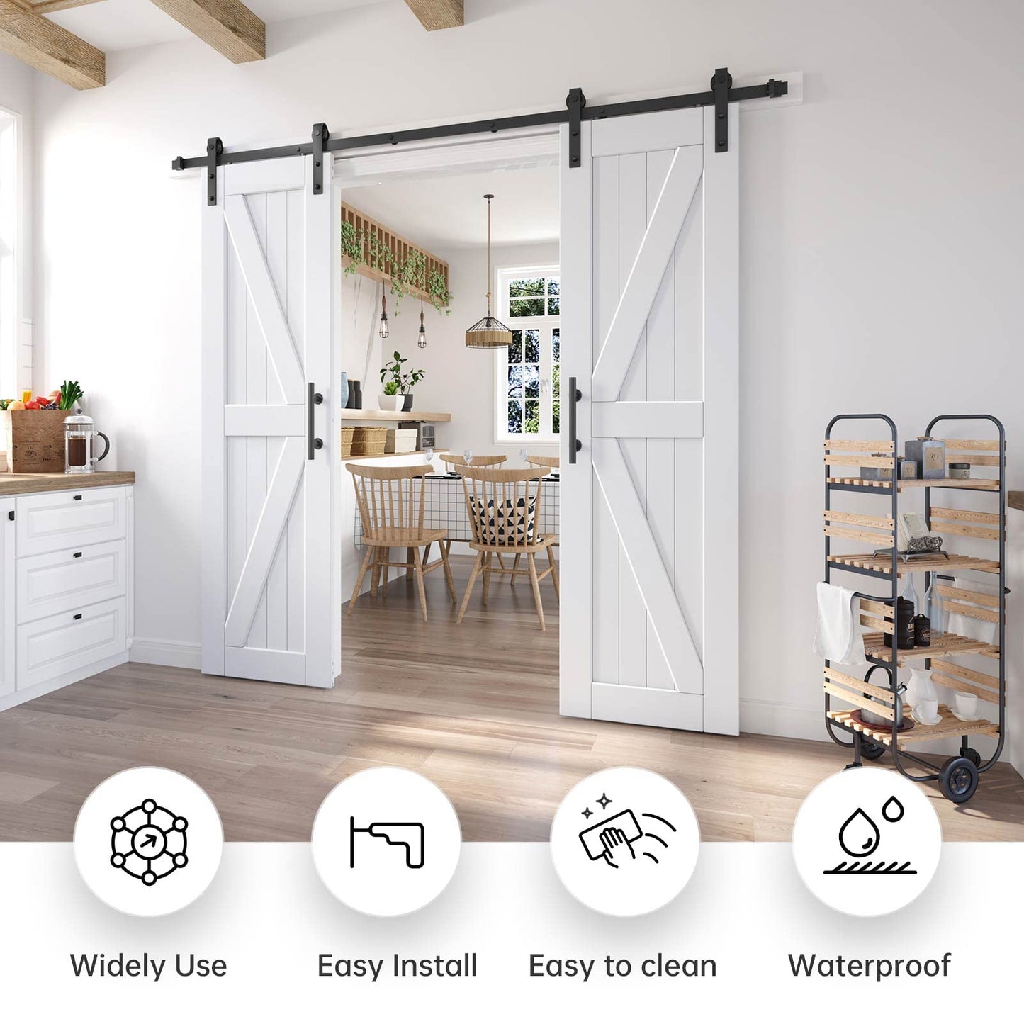 EaseLife 48in x 84in (Double 24in×84in Door) Barn Door with 8FT Sliding Door Hardware & Handle Included,DIY Assemblely,Easy Install,Water-Proof,Apply to Interior Exterior Rooms,K-Frame,White