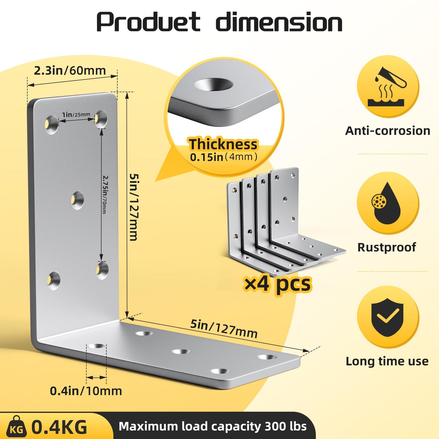 Dabolang 5" X 5"Heavy Duty Shelf Brackets,4PCS L Brackets for Wood,L-Shape Corner Bracket,90 Degree Angle Bracket,Galvanized Corner Brace for Wood Furniture, Bed Frames, Shelving & Timber Projects