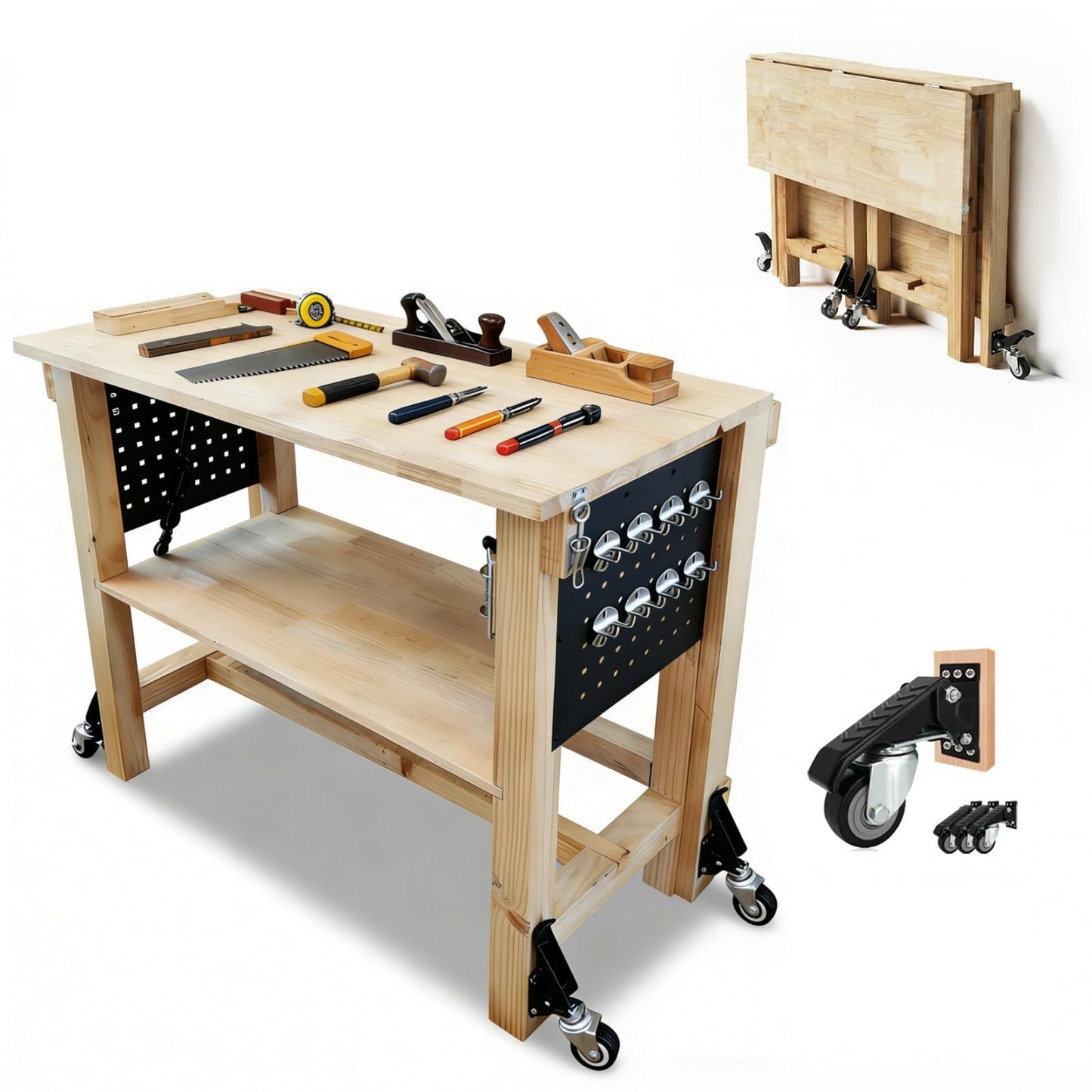 48" Heavy Duty Foldable Workbench with Transformable Wheels and Tool Storage Shelf, Max Load 2500 LBS, Rubber Wood Work Bench for Garage, Woodworking Table with Pegboard
