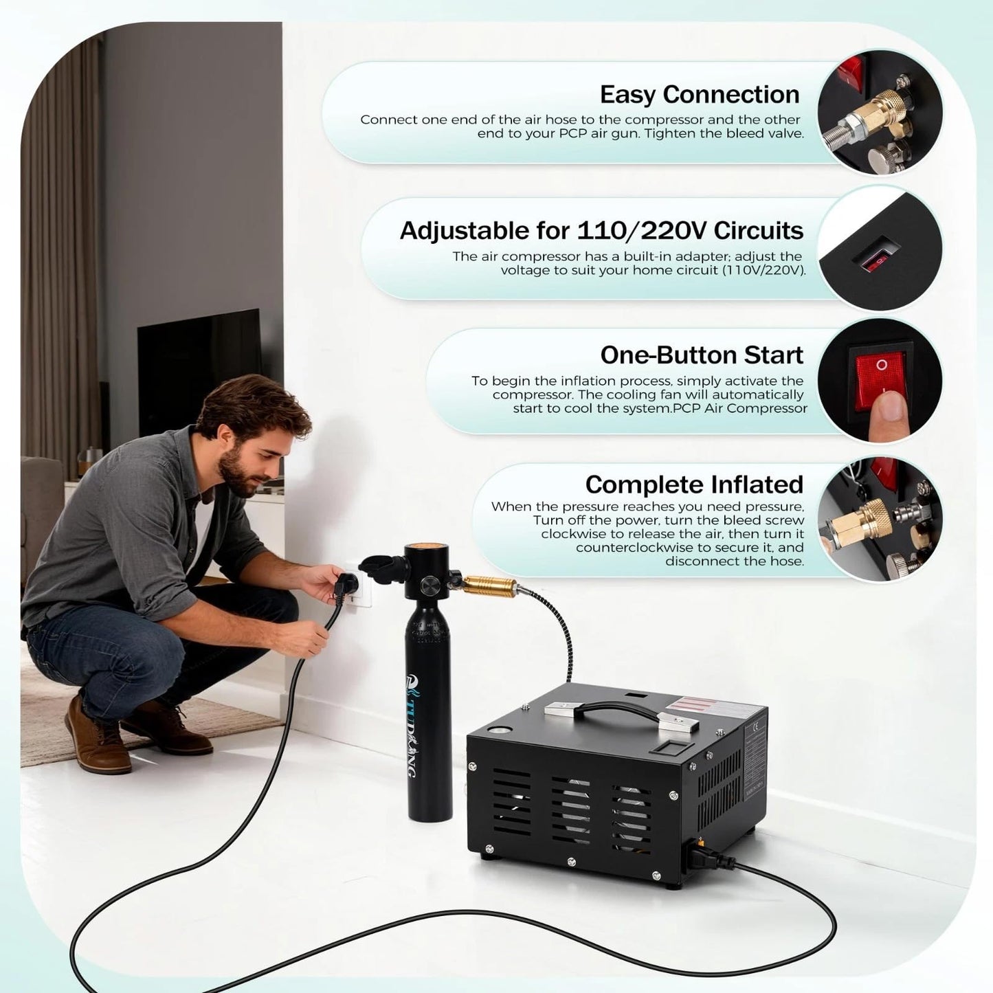 PCP Air Compressor 350W,Max 4500PSI/300Bar, Portable High-Pressure Air Pump with Fan Cooling, 12V DC/110V AC Dual Power, for PCP Air Rifle, Paintball Tanks and Scuba Diving