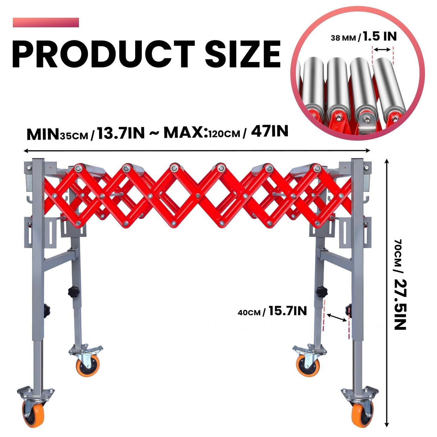 Expandable & Connectable Roller Conveyor 980LBS Capacity, 15.7" Wide Adjustable Conveyor Belt for Warehouse, Workshop, Infeed/Outfeed Table, Industrial Handling