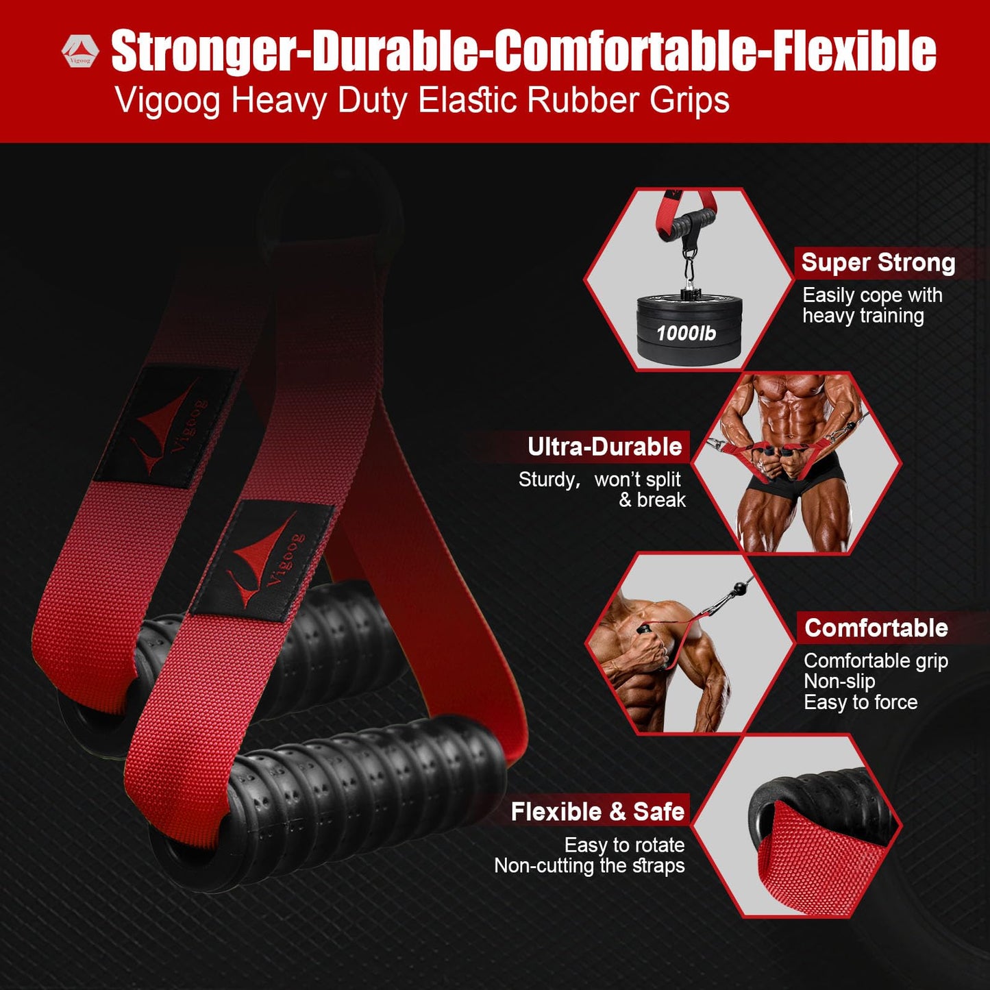 Vigoog Heavy Duty Gym Exercise Handles Attachment for Cable Machine,Resistance Band,Pulley System Home Fitness Workout Equipment, with Elastic Rubber Grip and 2 Large Carabiners (Glory Red)