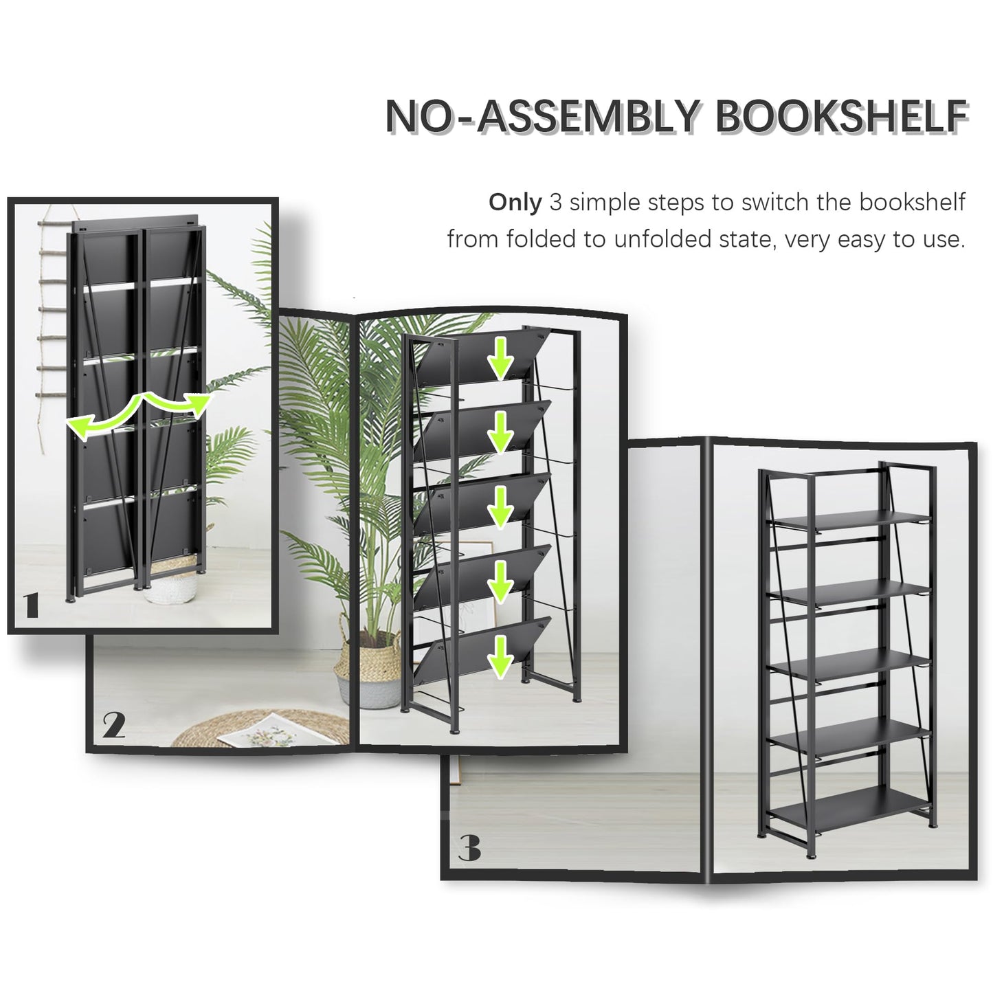 4NM No Assembly Folding Bookshelf, 5-Shelf 62.2" H Collapsible Foldable Bookcase Storage for Small Spaces, All Black