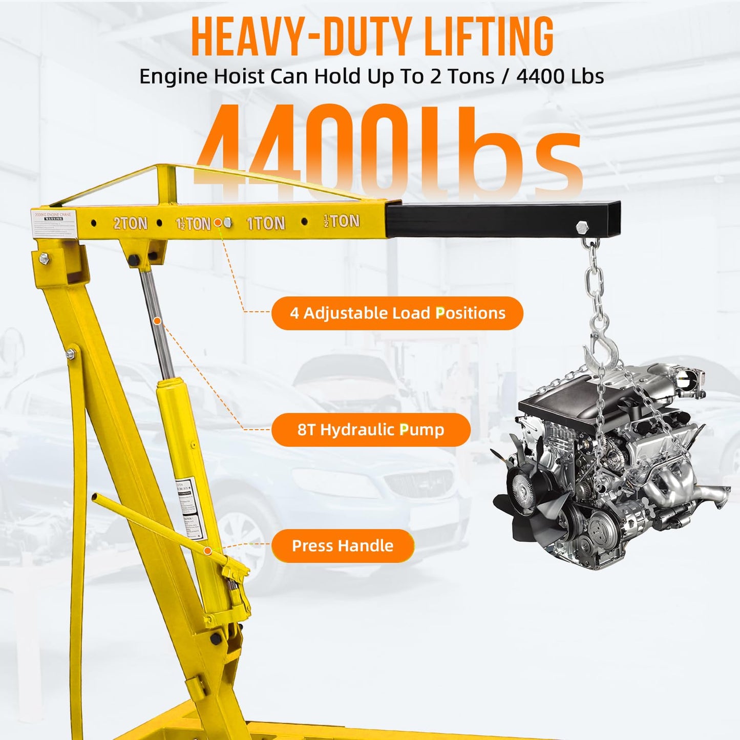 GarveeTech 2 T Engine Hoist, 4000 LBS Heavy Duty Folding Cherry Picker Engine Lift Hydraulic Tilting Engine Shop Crane with 6 Iron Caster Wheels Telescopic Boom Hitch,Yellow