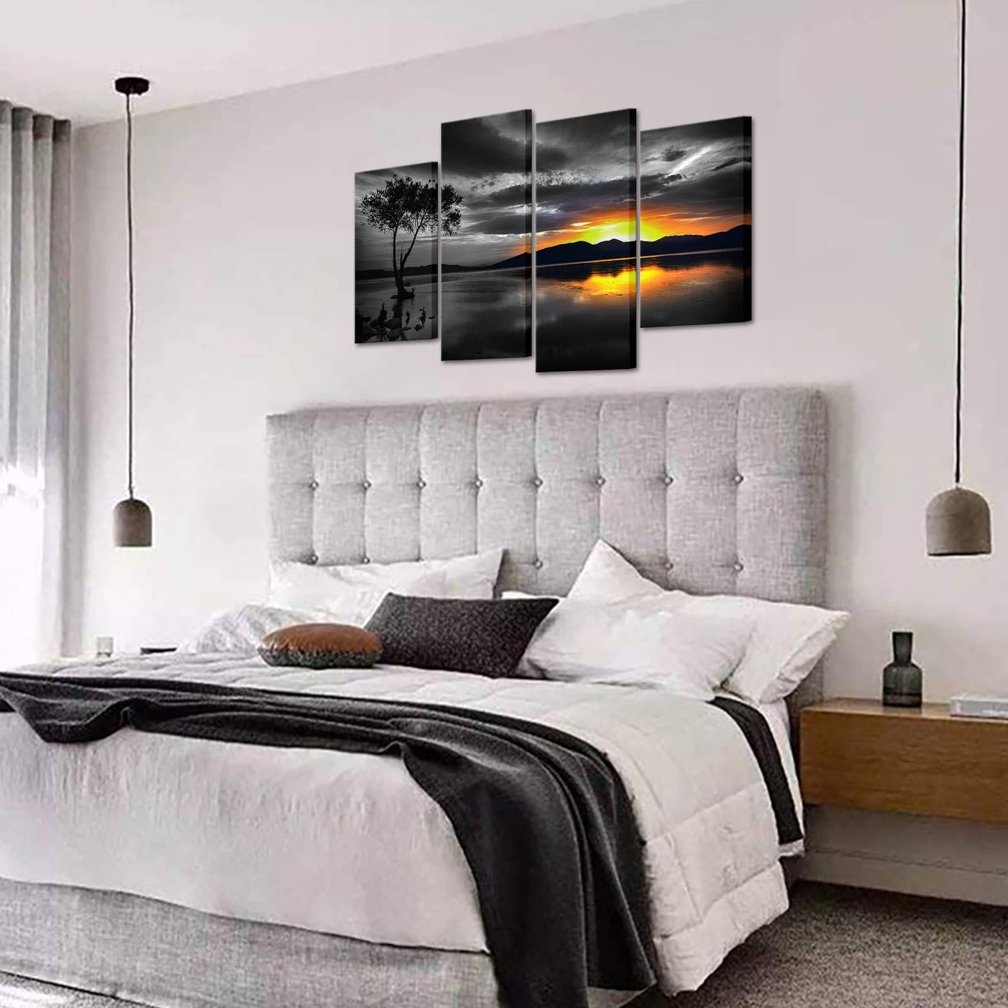 Biuteawal 4 Piece Black and White Wall Art Golden Sunset on Lake Picture Painting Lonely Tree Photo Print on Canvas Nature Landscape Poster Living Room Bedroom Decor Framed Ready to Hang