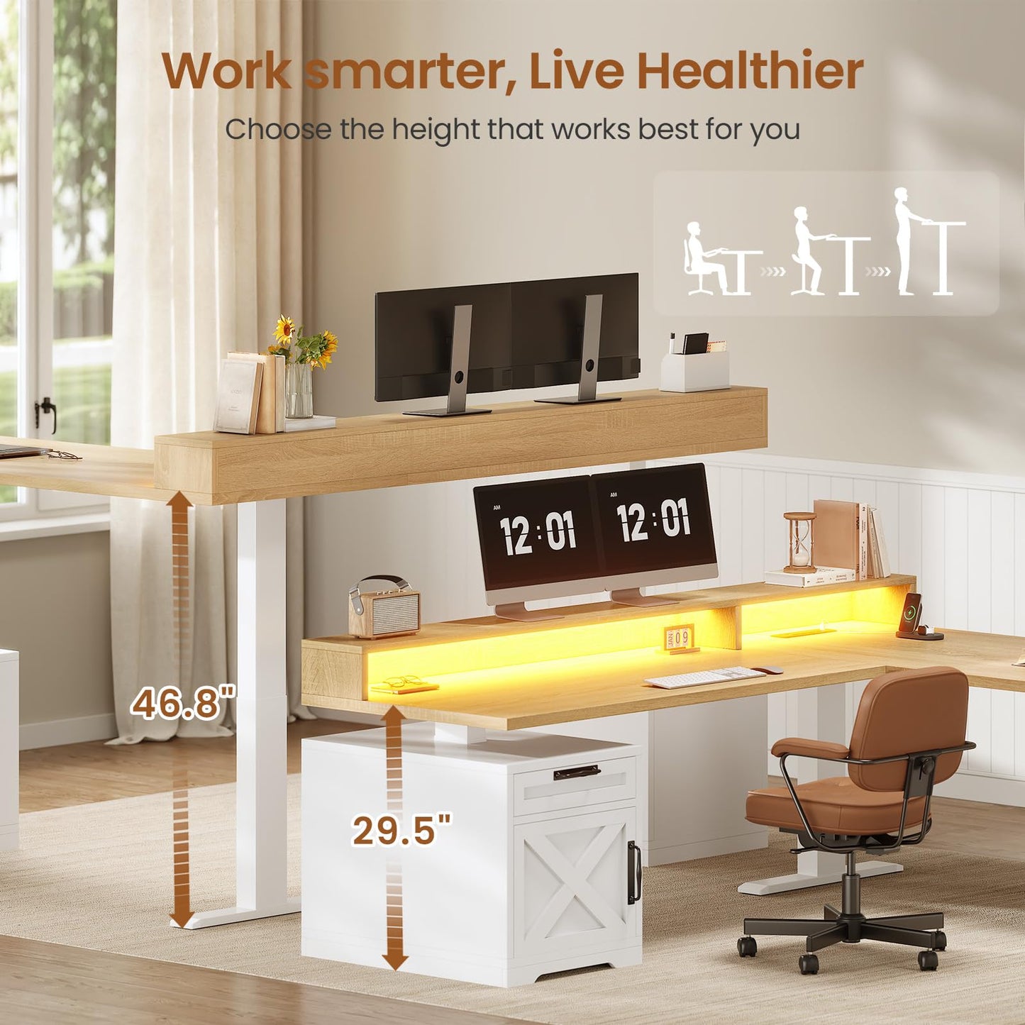 SEDETA Farmhouse L Shaped Standing Desk, 70.1" x 73.2" Height Adjustable Home Office Executive Desk with Drawers, Power Outlet, Monitor Stand, Sit Stand Table with Led Lights for Home Office, Oak