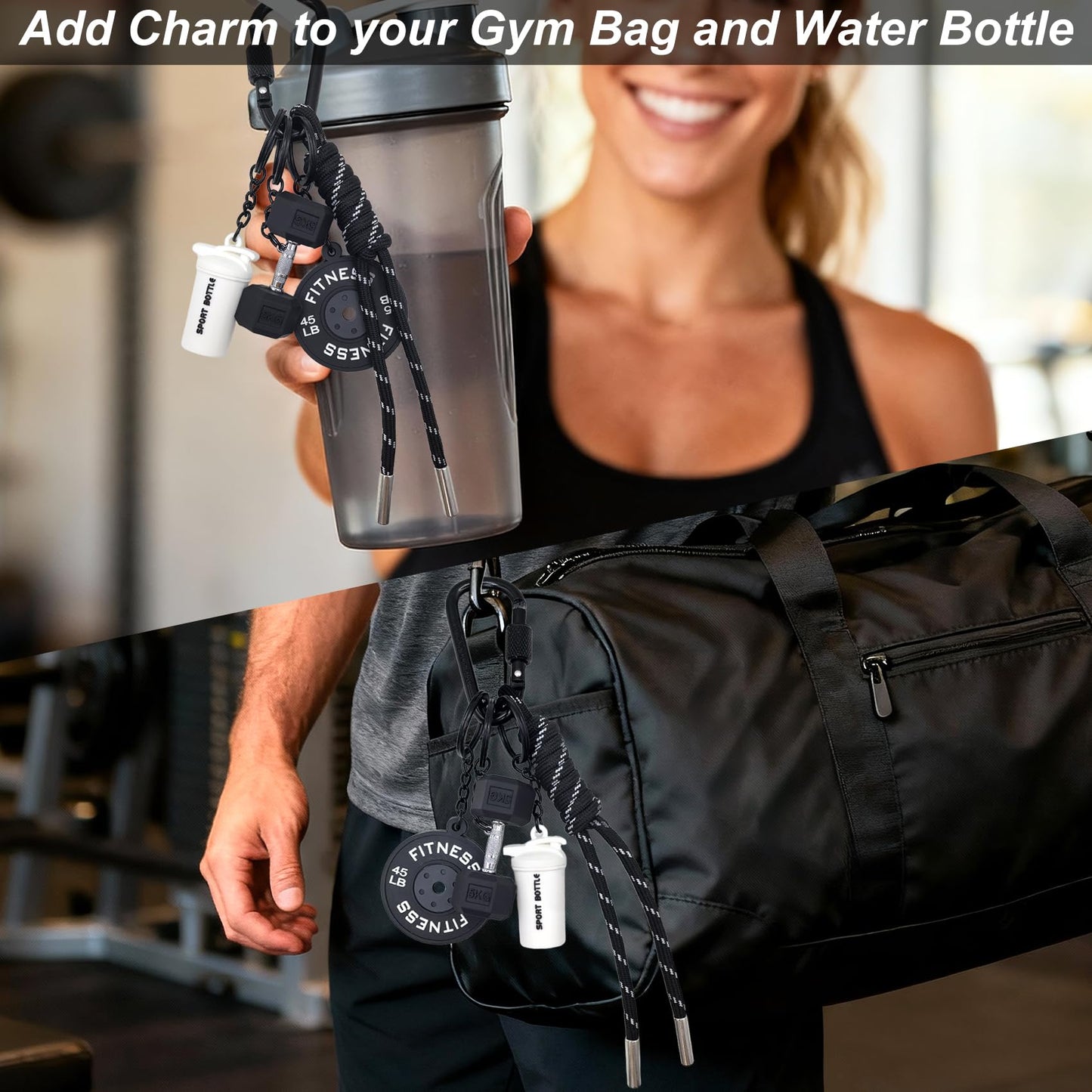 COZIYIAIRD Gym Keychain Charm, Dumbbell Keychain, Bag Charms for Women and Men, Fitness Key Chain Gifts for Gym Lovers(Black and White)