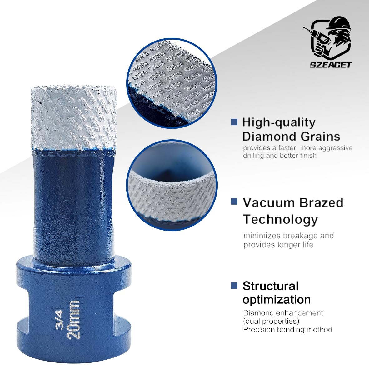 Diamond Tile Hole Saw Kit 9-Piece - SZEAGET Diamond Drill Bits (6/8/10/20/25/35/50/65mm Sizes) + 38mm Diamond Beveling Chamfer Bit for Marble, Granite, Ceramic Tile,10X Longer Life