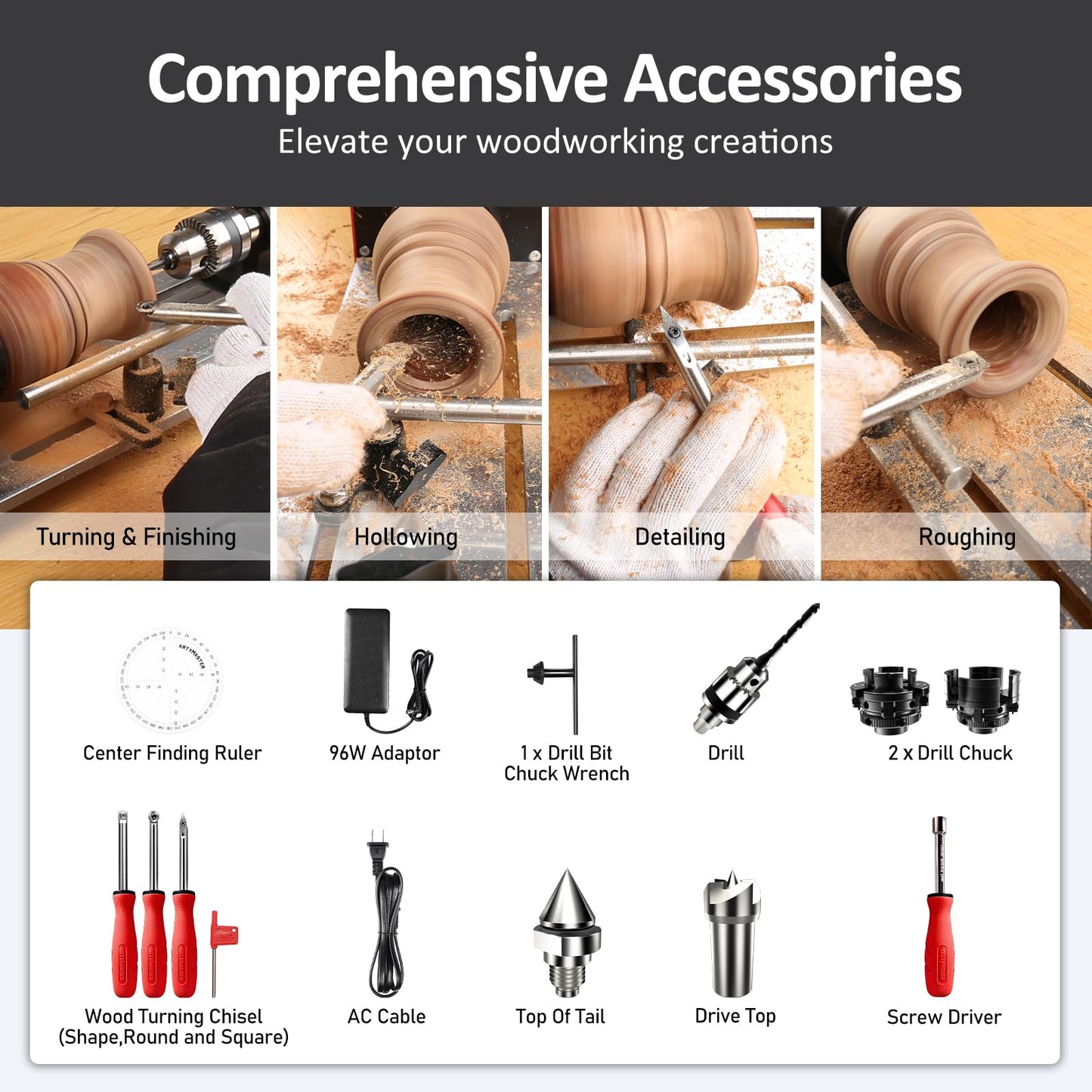 Mini Lathe, WM101A-Plus Mini Wood Lathe Machine, 24VDC 96W Power Lathe, Small Benchtop Lathe with Wood Turning Lathe Tools Kits, Infinitely Variable Speed, Professional for DIY Woodworking