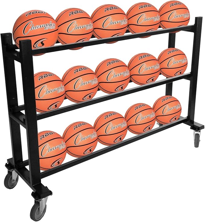 Champion Sports Deluxe Heavy Duty Basketball Storage Cart with Locking Swivel Caster Wheels (Black)