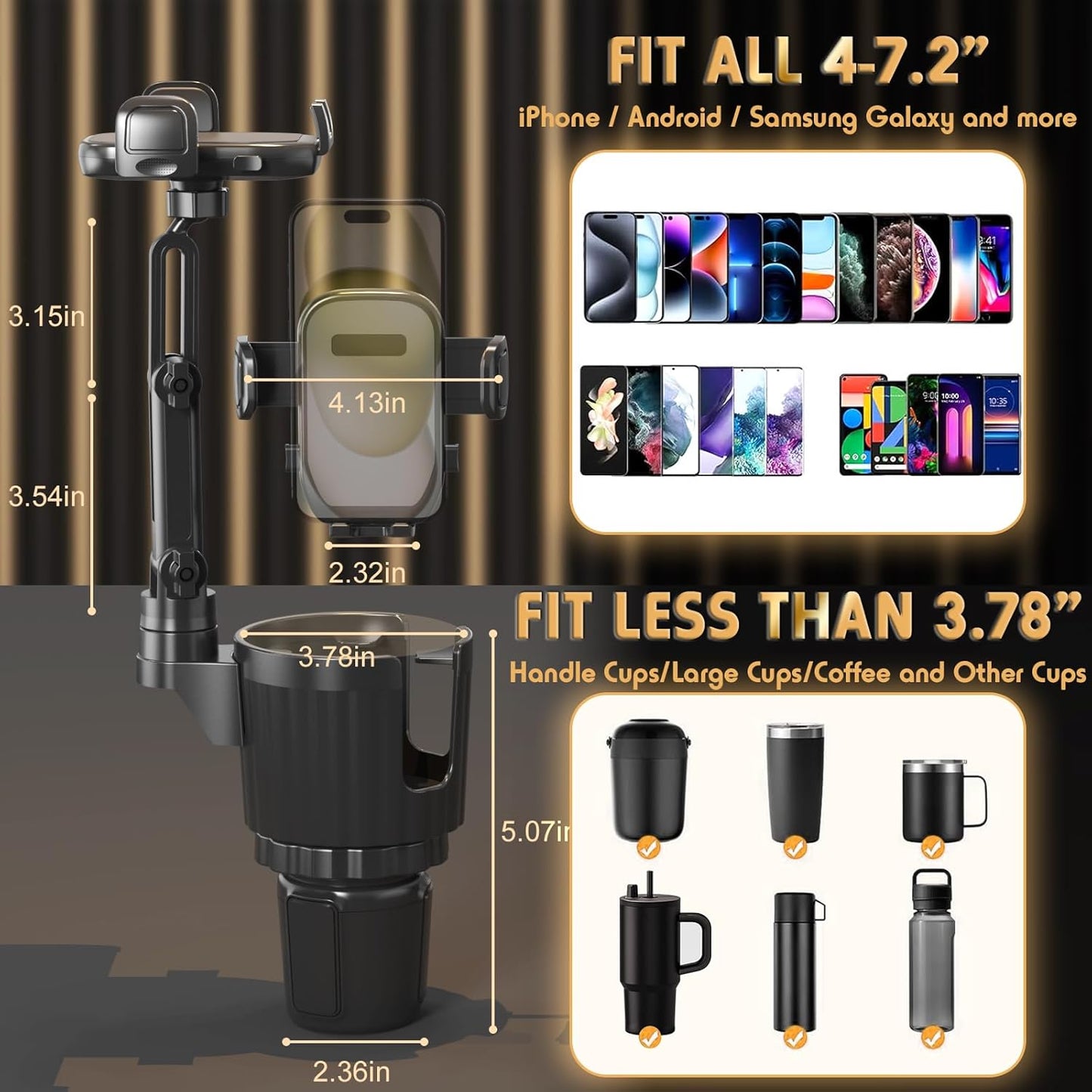 2 1 360Rotation Phone Holders for Your Car, in Universal Cup Holder Expander Adjustable Base with Phone Mount, Long Arm