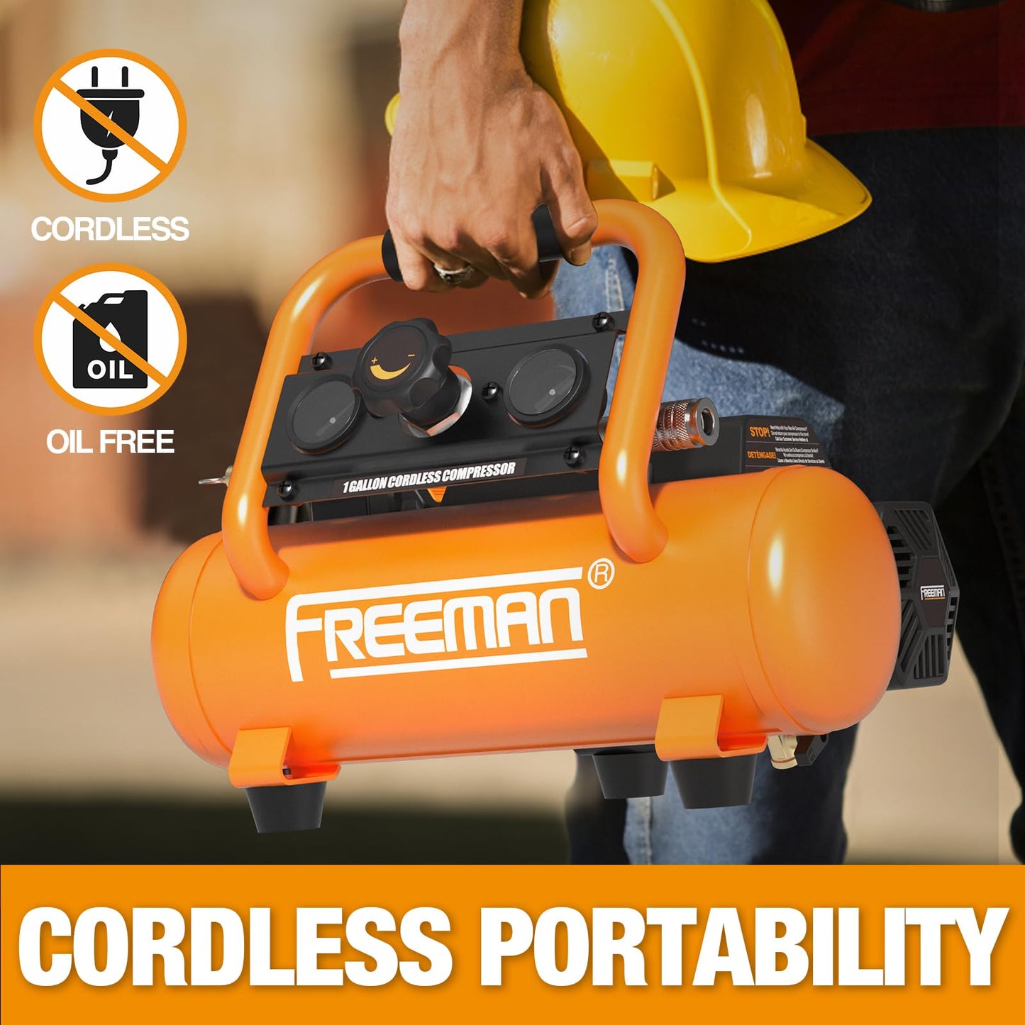 Freeman F20 20V Cordless 1-Gallon Air Compressor with 4.0Ah Battery & Charger | 1/3 HP, 700 Shots Per Charge | Portable, Oil-Free, for Nailers & Tire Inflation | PE20V1GCK