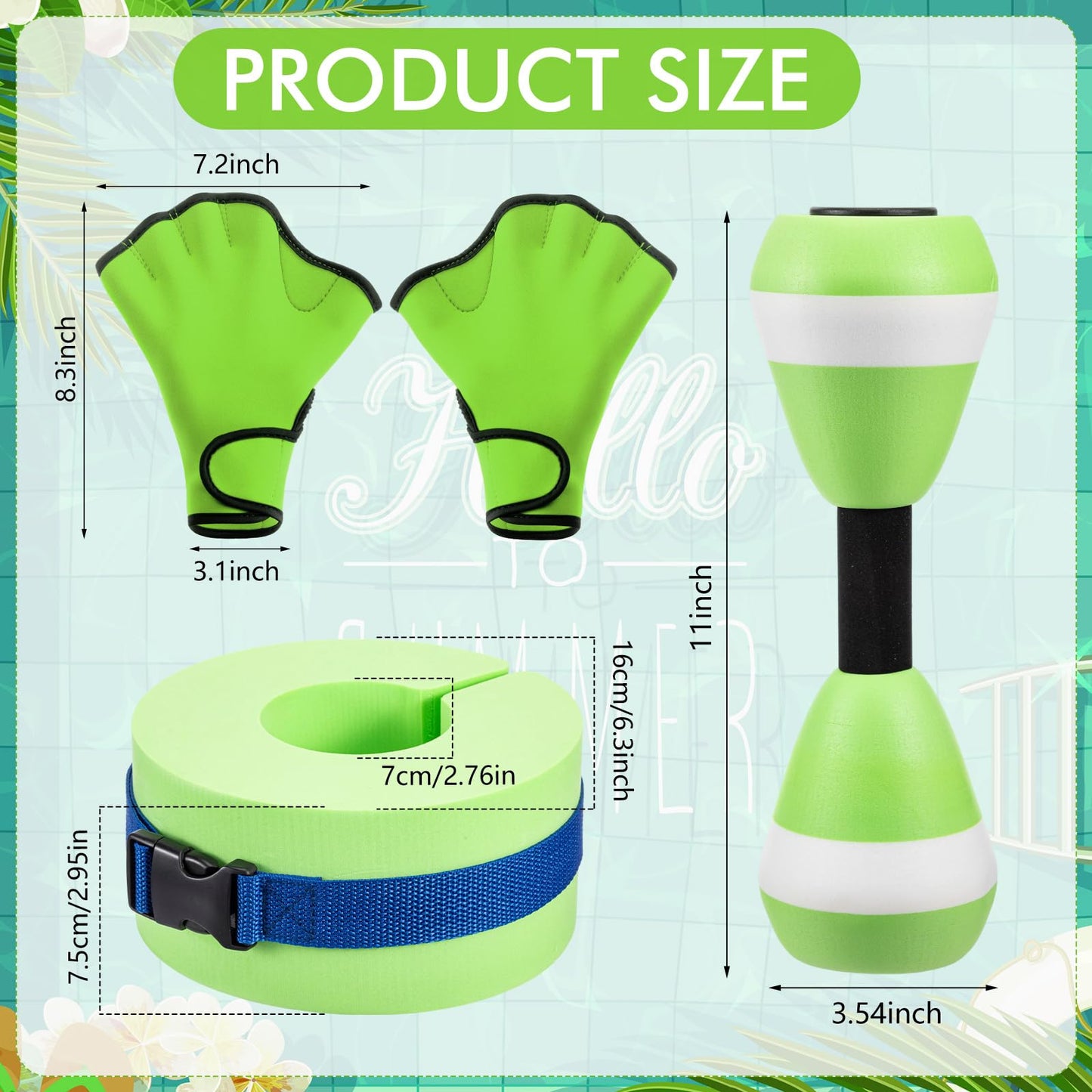 Hungdao Water Aerobics Set for Aquatic Exercise Include Foam Water Dumbbell Swim Aquatic Cuffs Ankle Arm for Sport Swimming Glove Pool Resistance Weights Fitness Equipment for Workout Training (Green)