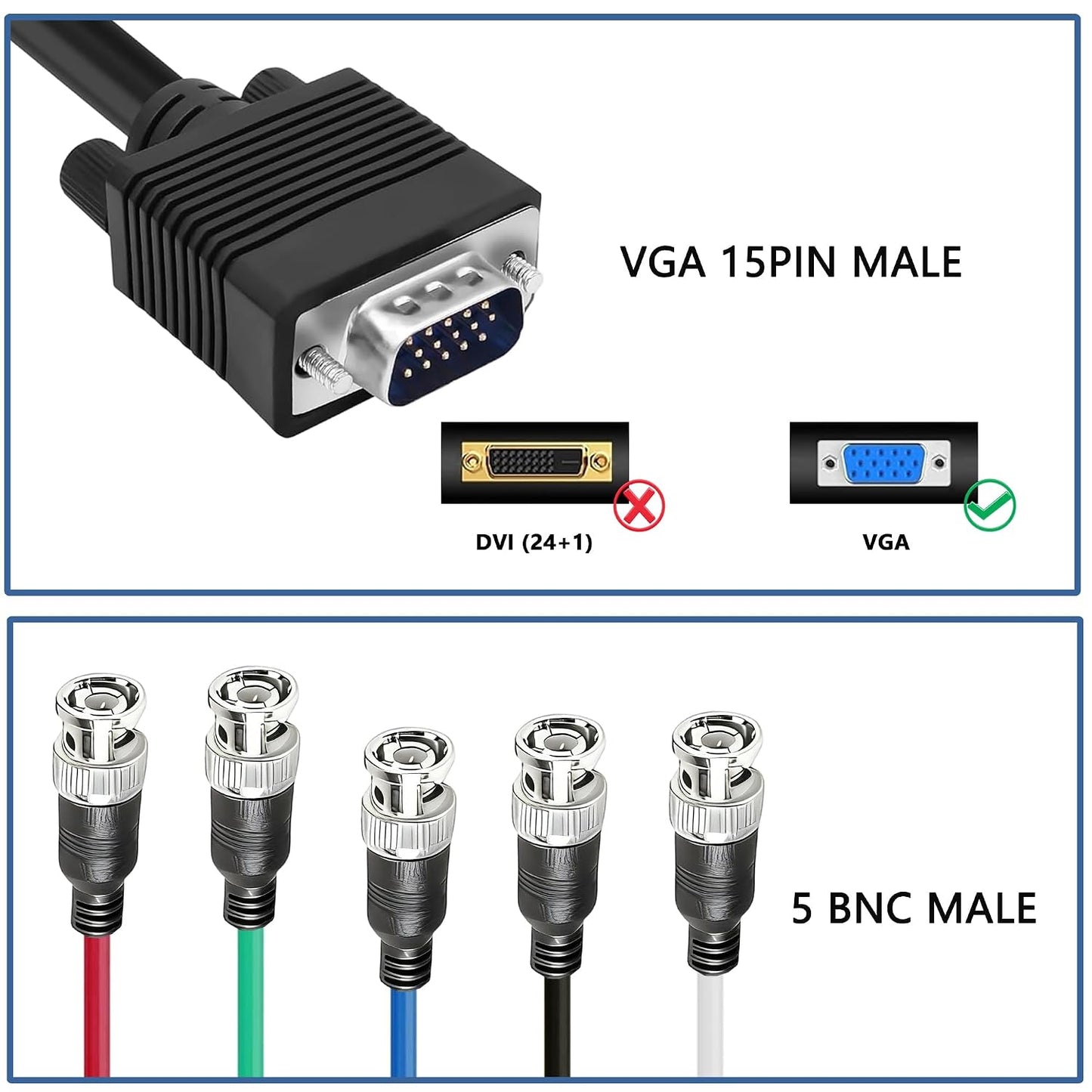 Cable,HD15 5 Cable-1.5M MAYWILLA VGA to BNC Adapter VGA Male to BNC Male RGBHV Coaxial High Resolution Monitor Breakout