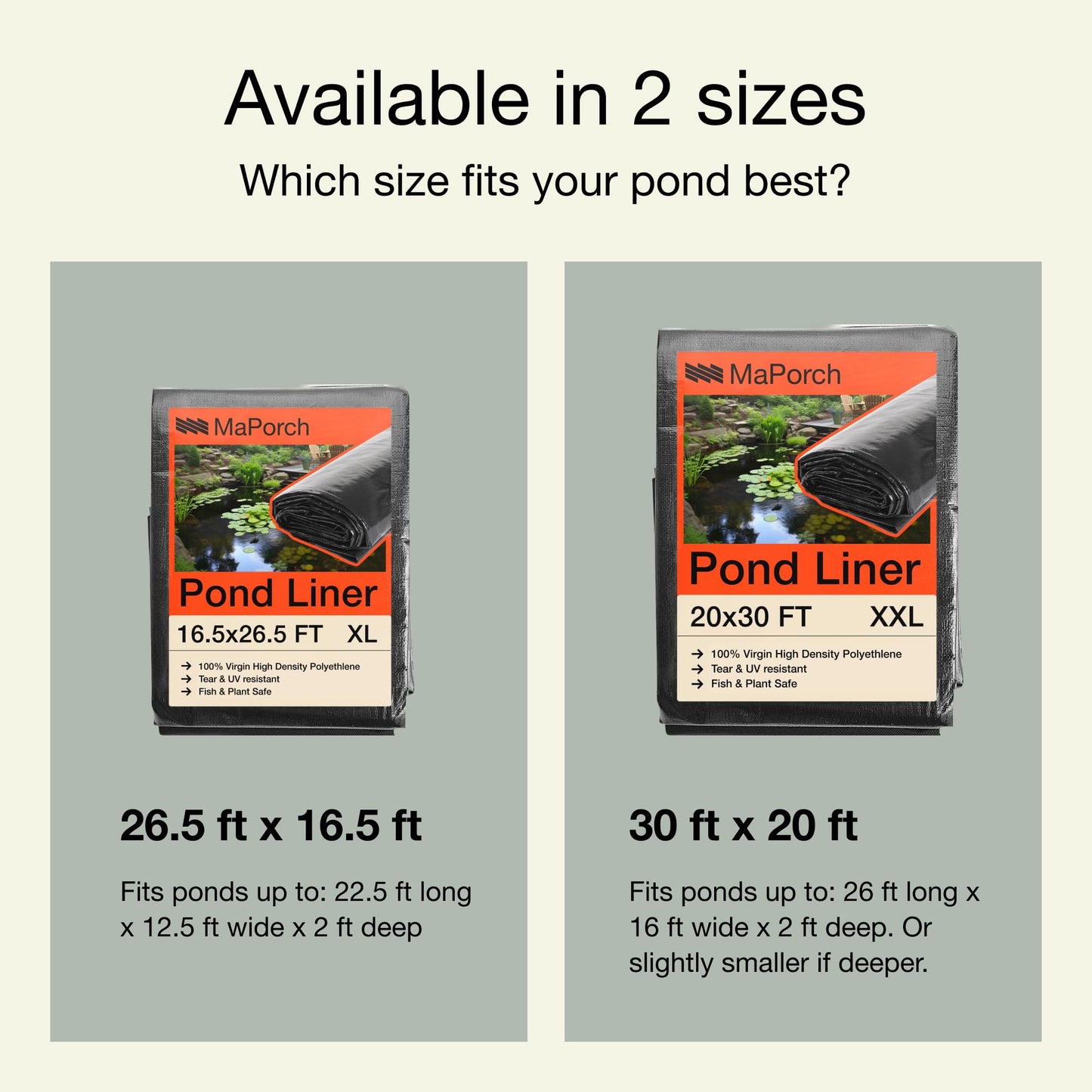 MAPORCH Pond Liner for Outdoor Ponds - Heavy Duty Koi Fish Pool Liner - 16.5 x 26.5 ft, HDPE 20 Mil - UV Resistant Waterproof Underlayment