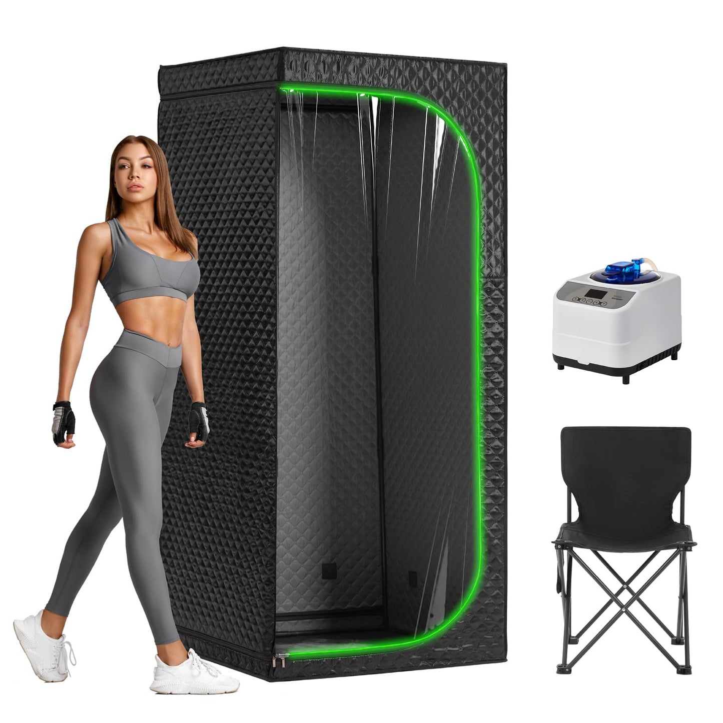UNANEST Portable Steam Sauna Tent with Clear View Door, Black, Full Size Square Sauna for Home, 3L Steamer, 9 Heat Levels