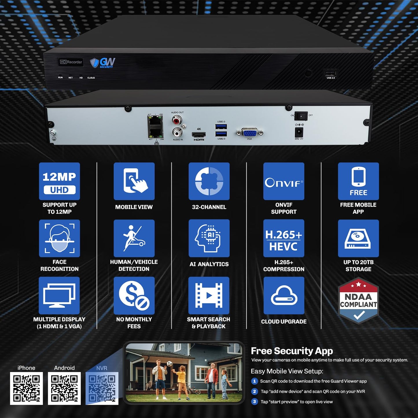 GW Security 32 Channel 12MP NVR AI Face Recognition AcuSearch Outdoor Indoor Security Camera System - 32 x Dome 5MP 1920P Waterproof 2.8-12mm Varifocal Zoom Microphone IP PoE Cameras, 8TB Hard Drive