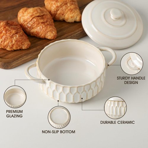 Mini Cocotte Set | 14 OZ Ceramic Casserole Dishes with Lids - Set of 4, Beige, Oven & Microwave Safe