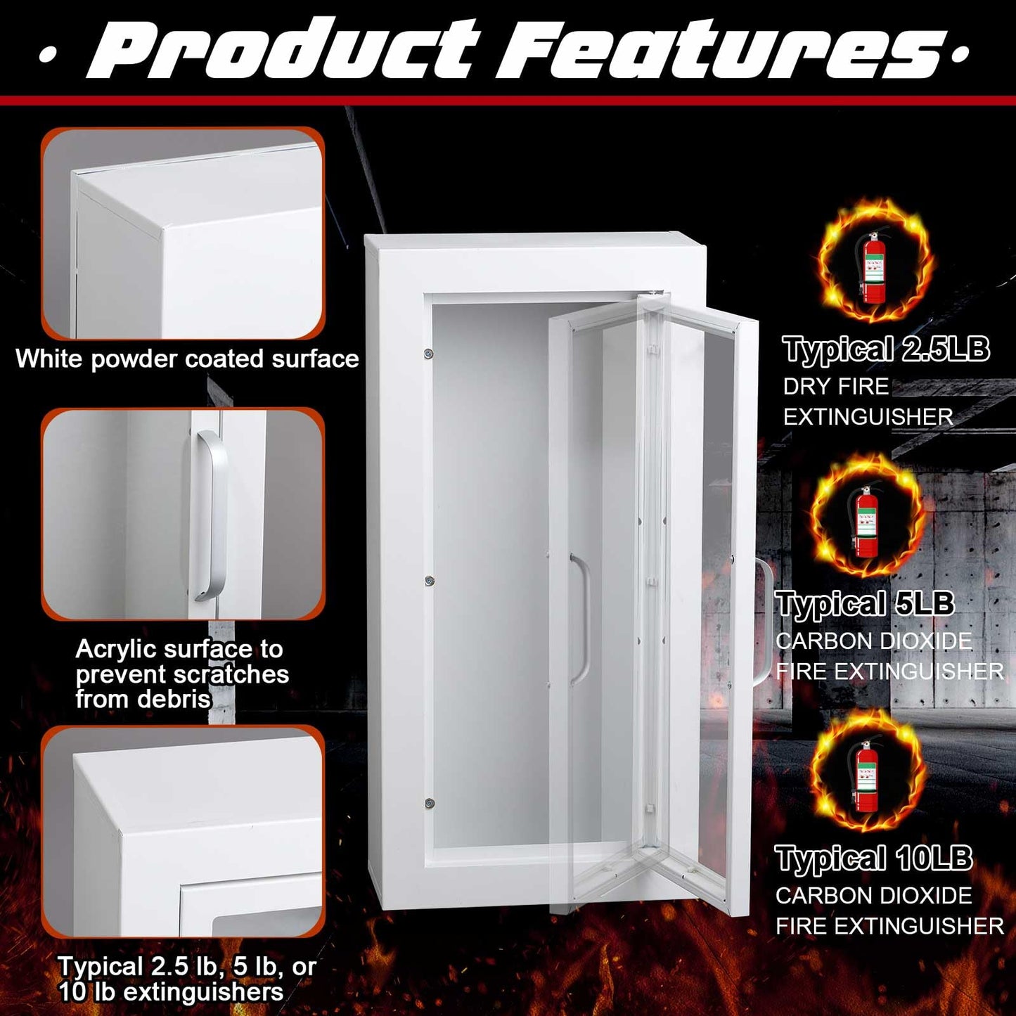 Zonon 1 Pcs 10lb Fire Extinguisher Cabinet Wall & Surface Mount 27 3/8 H x 13 7/8 W x 6 1/2 D White Steel Fire Extinguisher Box Wall Mount Extinguishers Case Holder with Handle for Outdoor Indoor