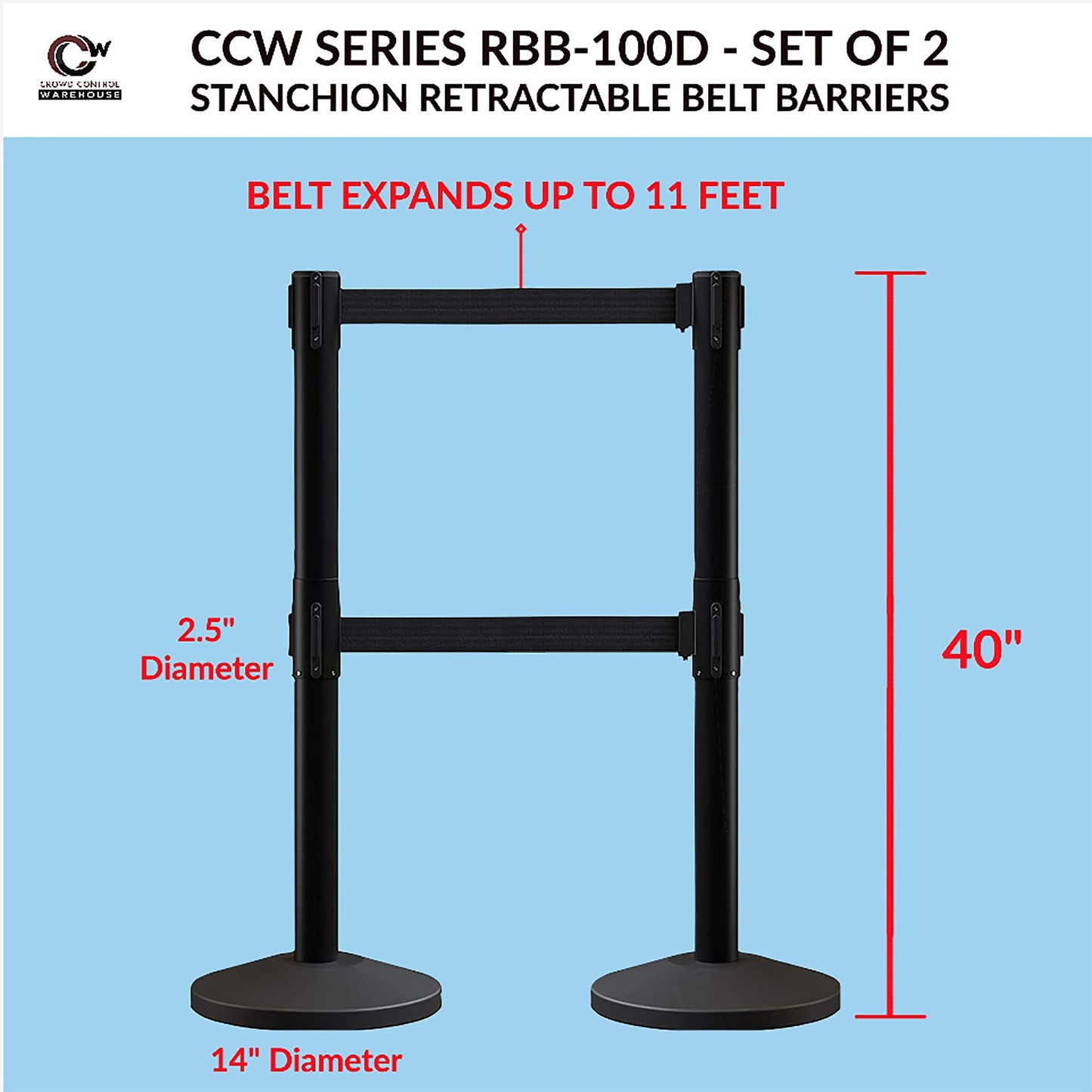 CCW Series RBB-100D - Set of 2 Stanchion Retractable Belt Barriers Dual Belt - Easy to Assemble, No Tools Required (11 Foot Belt, Black Belt with Black Post)