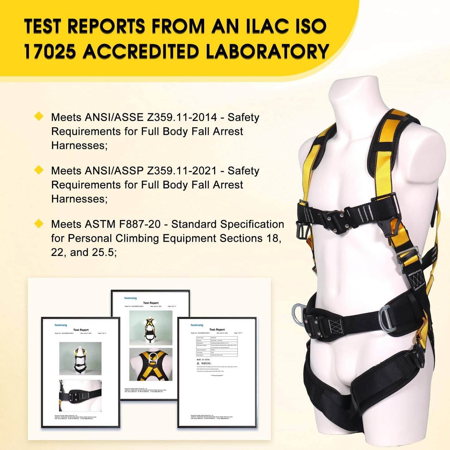 WHITEDEW Fall Protection Premium Safety Harness with Shock Absorbing Lanyard, Vented & Padded Shoulder, Legs & Back - Upgrade 4 Quick Buckles (Yellow)