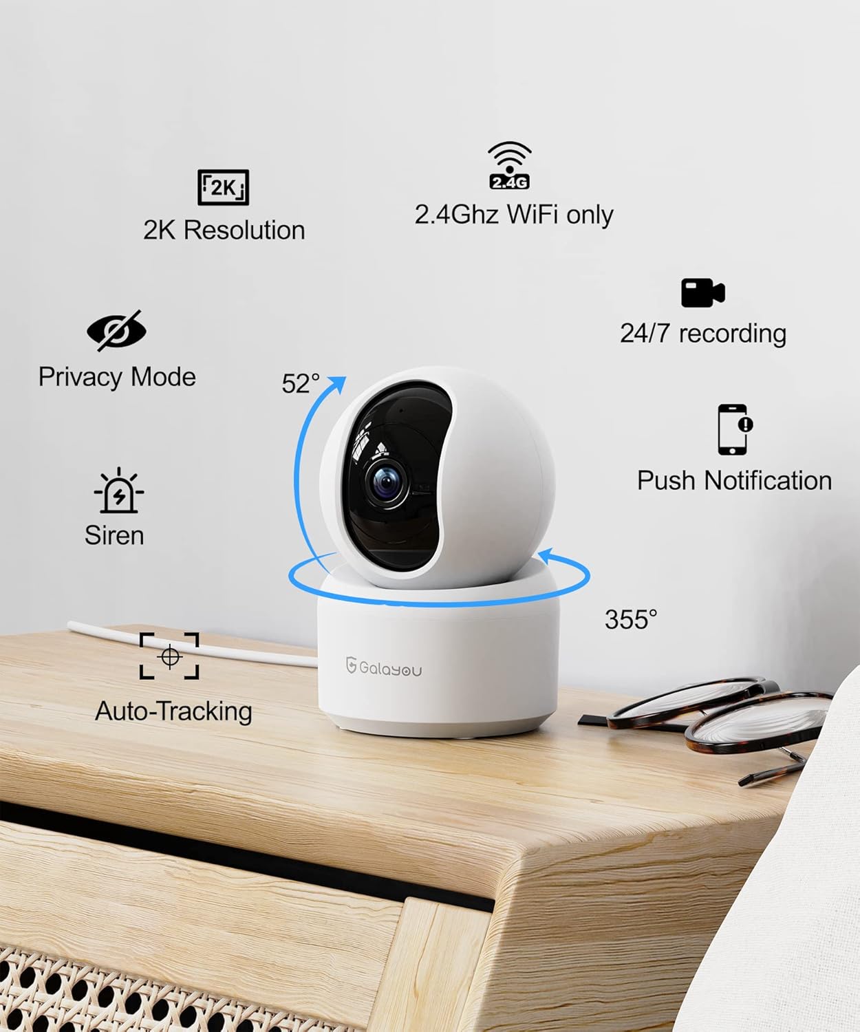 GALAYOU 2K, 360 2.4G 24/7 G2-2Pack Indoor Security Camera Pet Camera, Degree WiFi Home Security Camera
