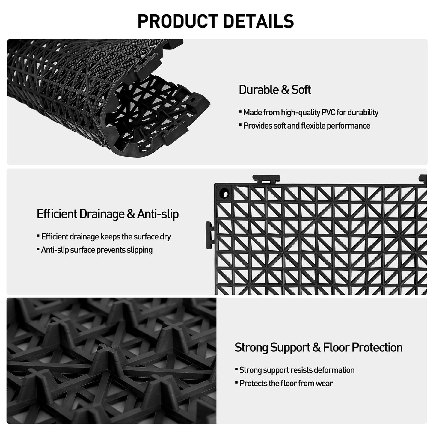 MAXWAVE 18 Pack 12" x 12" Modular Interlocking Floor Mats, Soft PVC Non-Slip Drainage Tiles, Splicing Rubber Cushion Flooring for Deck, Shower, Pool, Basement, Shed, Indoor and Outdoor Use