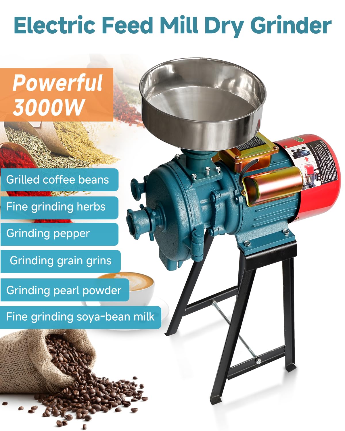 NAIZEA Electric Grain Mill Grinder Corn Grinder, 3000W 110V Commercial Flour Mill Machine with Funnel, Feed Grinders for Corn, Wheat, Rice, Cereals,Molino de Maiz Electrico (Dry Grinders)