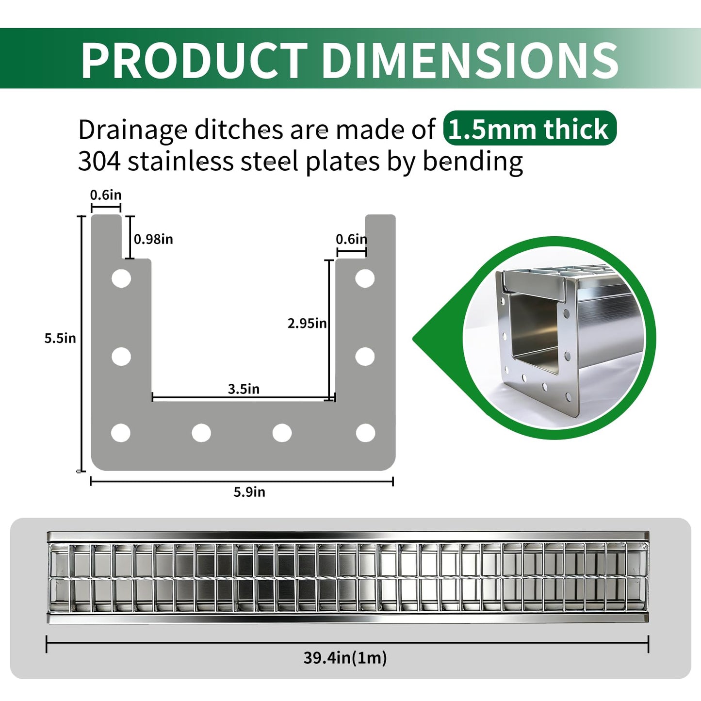 304 Stainless Steel Channel Drain with Galvanized Steel Drain Grate, Heavy-Duty B125 39.4×5.9×5.5in Trench Drain System for 3”Pipe, Channel Drain Kit for Driveway, Outdoor, Yard,Garage, Parking Lot