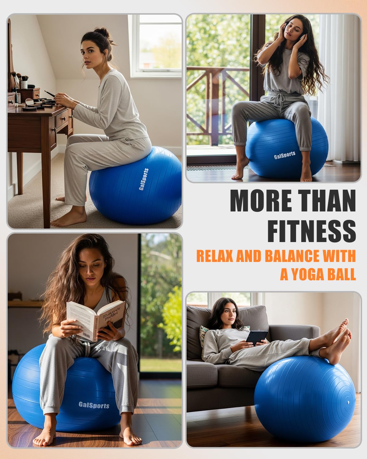 GalSports Yoga Ball for Exercise & Physical Therapy, Anti-Burst Stability Ball, Slip Resistant, Home Gym Fitness, Balance Chair