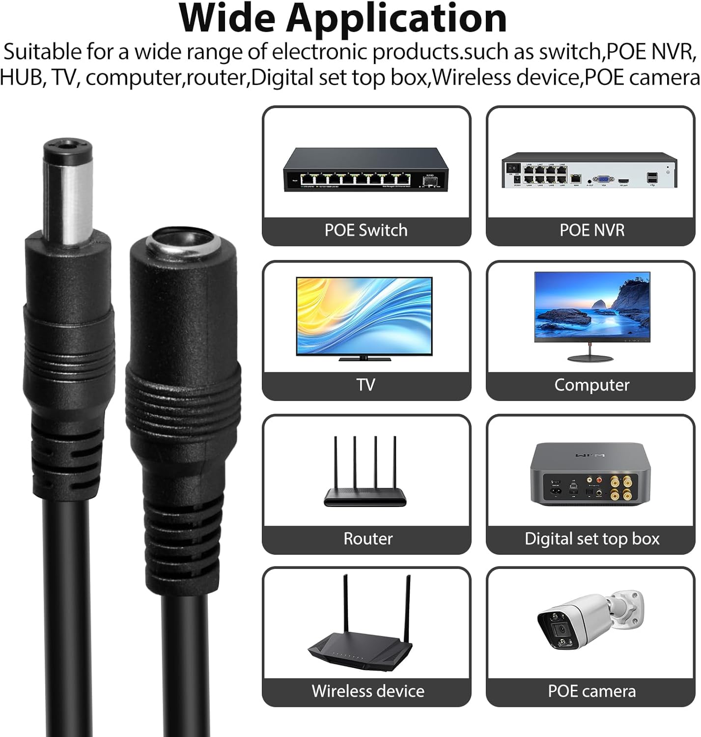 Vanxse 12v 2.1x5.5mm (20Meters-65FT) Dc CCTV Power Extension Cable for CCTV Security Camera WiFi IP Surveillance Camera
