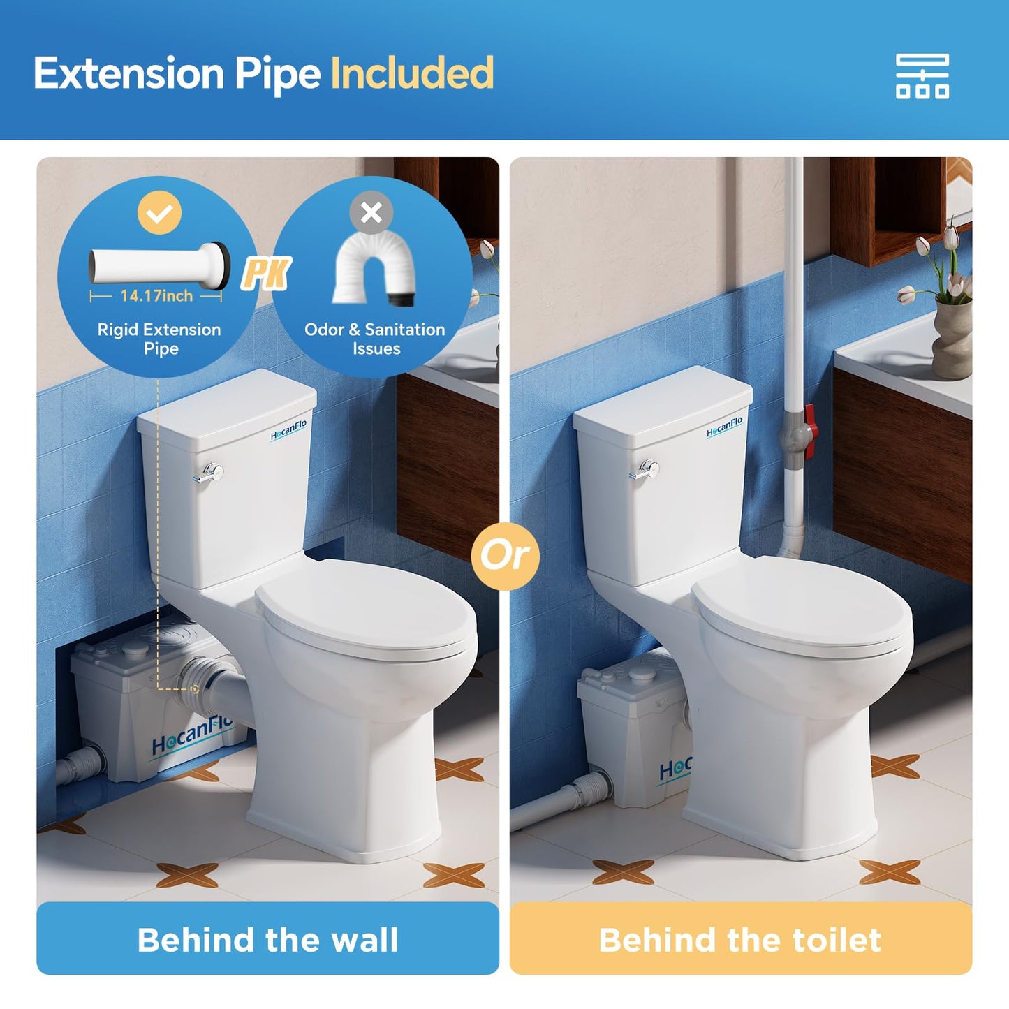 Upflush Macerating Toilet System – 21" ADA Compliant Tall Toilet with Macerator Pump Durable Copper Grinder with 4 Inlets for Basement Kitchen, Shower, Sink & Laundry, Extension Pipe Included