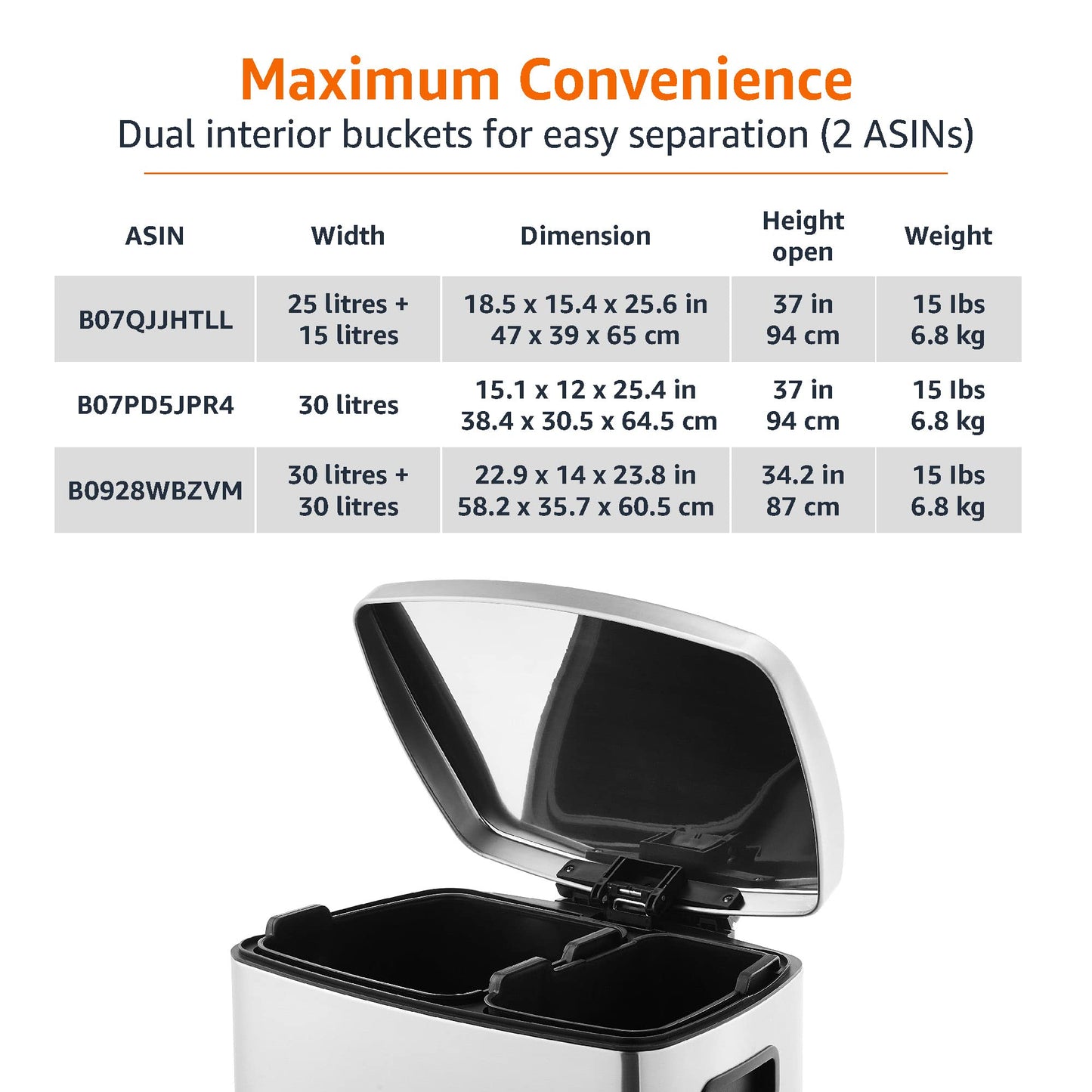 Amazon Basics Dual Compartment Recycling Trash Can with Soft-Close Lid, Fingerprint Resistant, Removable Liner Buckets, 60 Liters, Rectangular, Grey, Silver